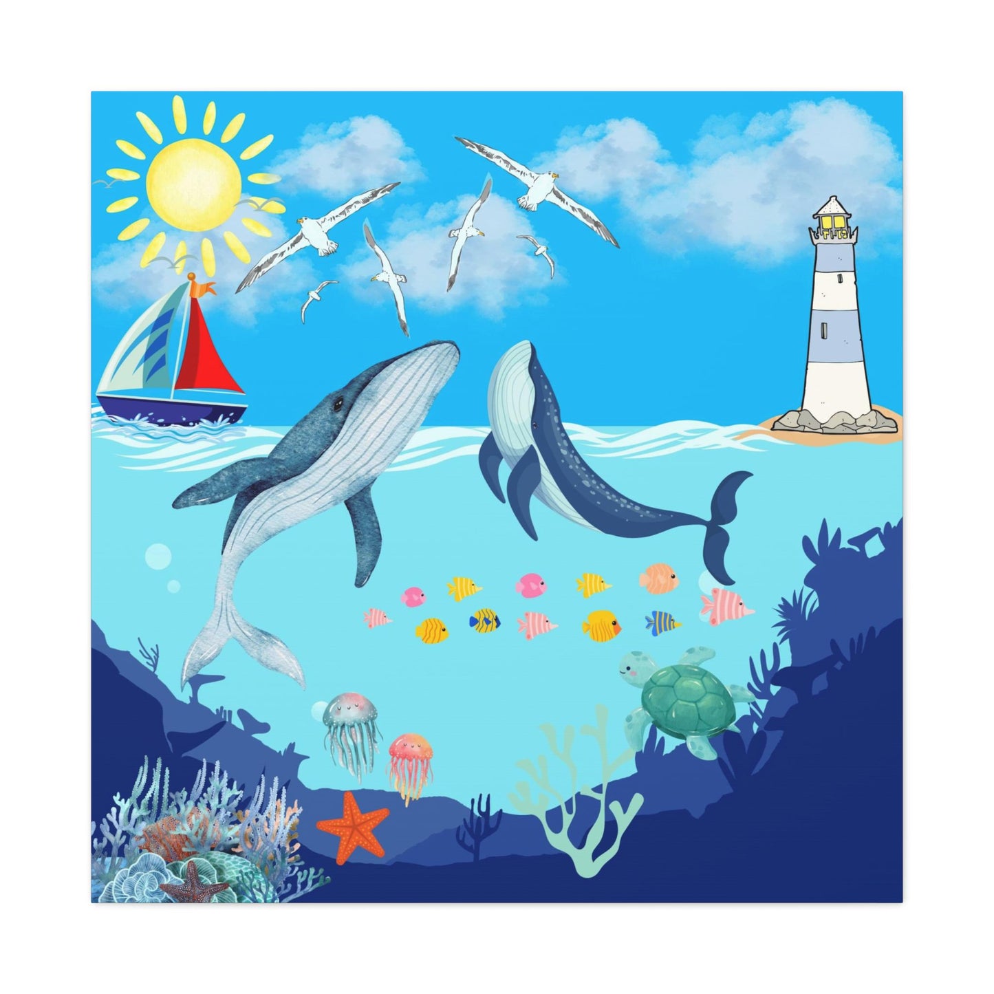 Whale Art Canvas, Ocean Life Wall Art, Nautical Home Decor, Coastal Canvas Print