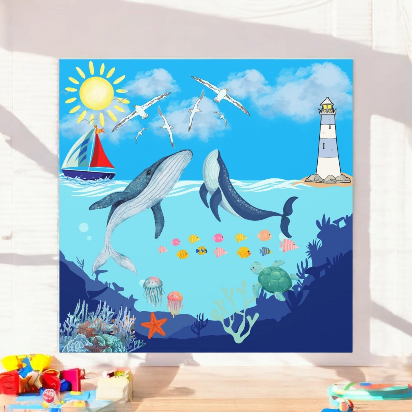 Whale Art Canvas, Ocean Life Wall Art, Nautical Home Decor, Coastal Canvas Print