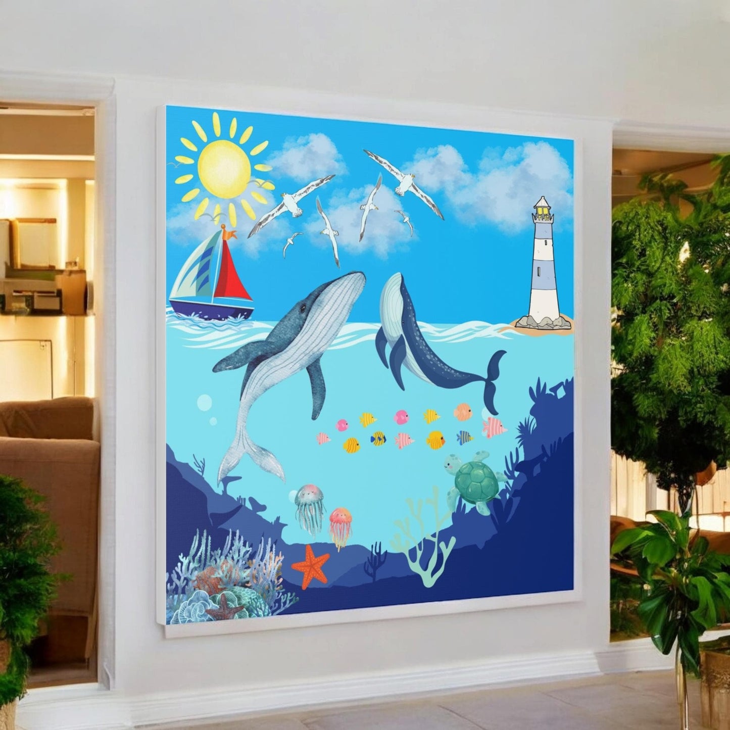 Whale Art Canvas, Ocean Life Wall Art, Nautical Home Decor, Coastal Canvas Print