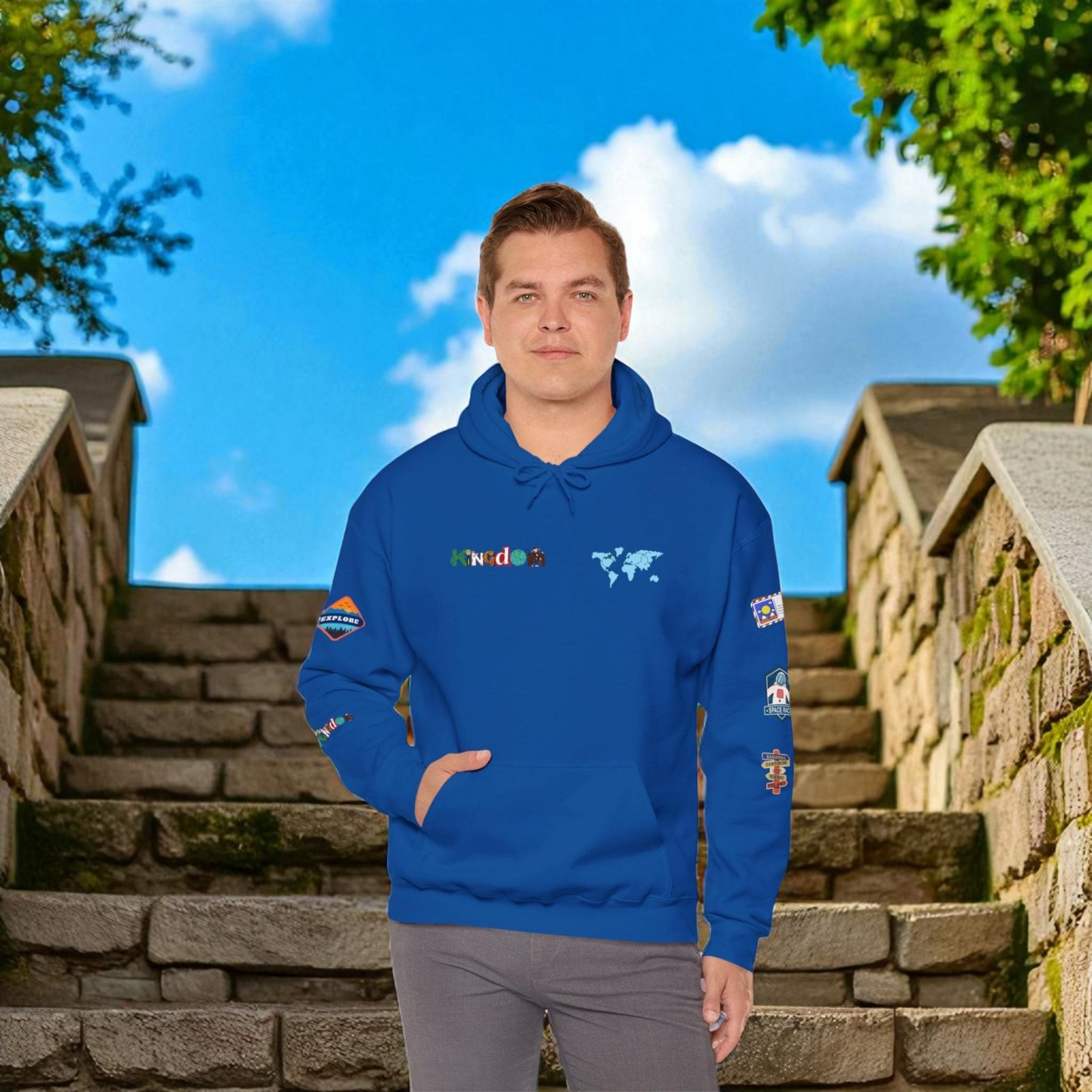 Travel Badge Graphic Hoodie, Wanderlust Sweatshirt, Vacation Inspired Pullover