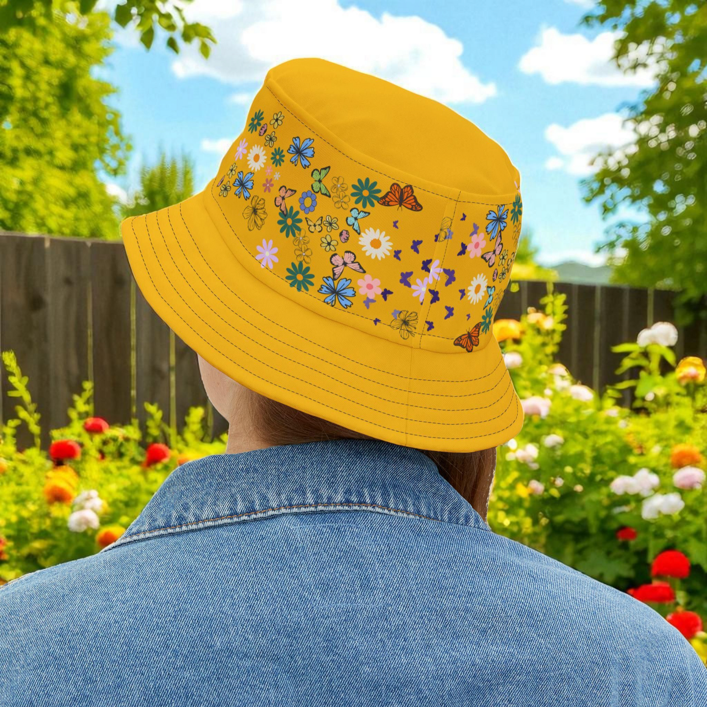 Butterfly Floral Bucket Hat, Wild Life Themed Graphic Unisex Cap, Botanical Print