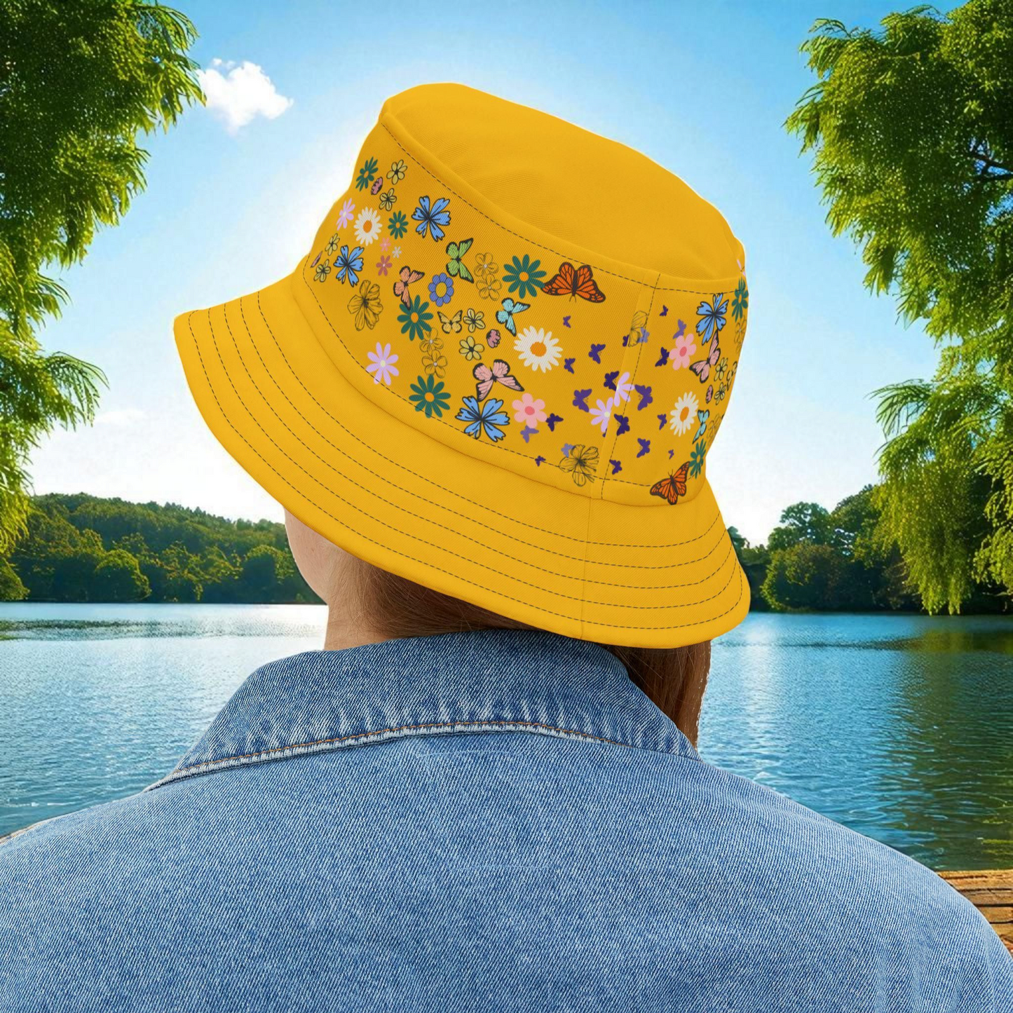 Butterfly Floral Bucket Hat, Wild Life Themed Graphic Unisex Cap, Botanical Print