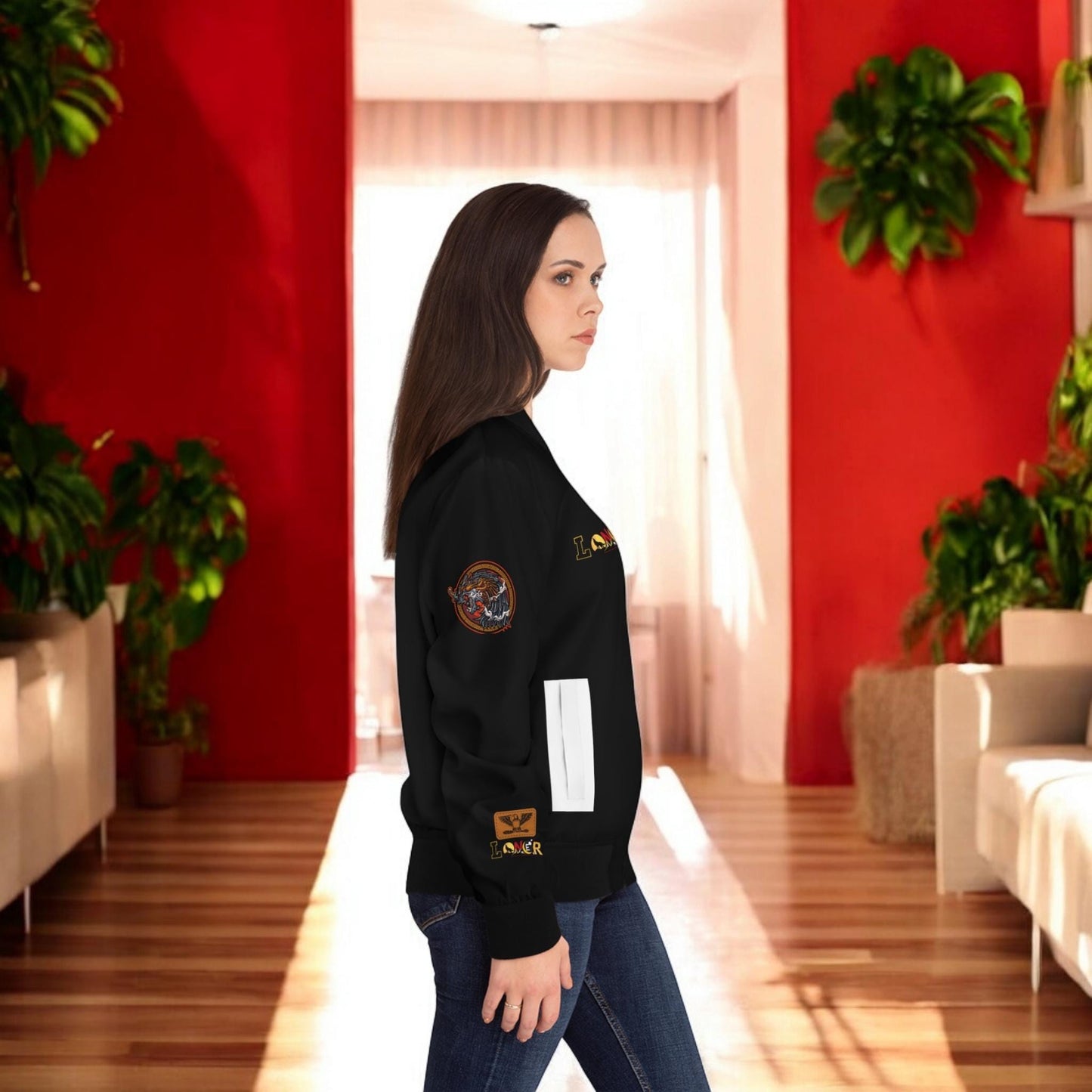 Wolf Themed Women's Bomber Jacket, Illusion Art Graphic Outerwear
