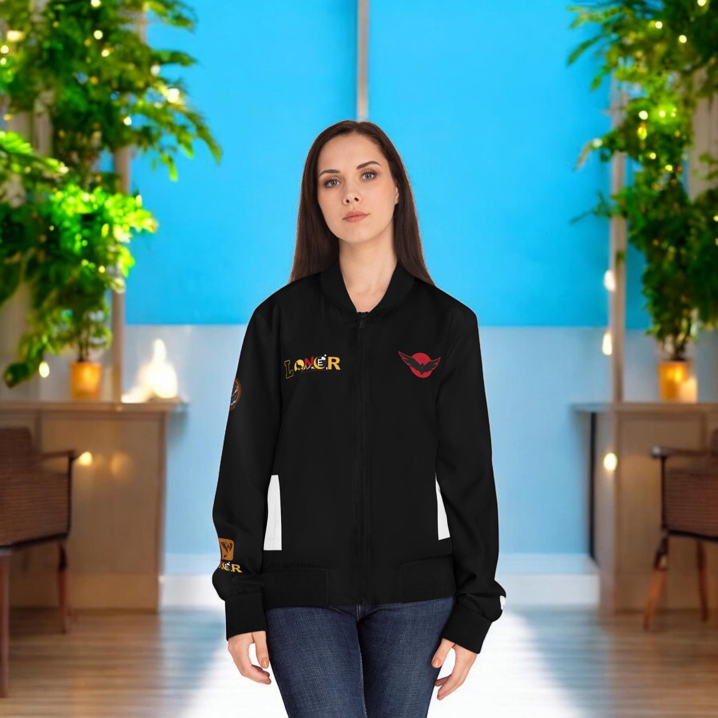 Wolf Themed Women's Bomber Jacket, Illusion Art Graphic Outerwear