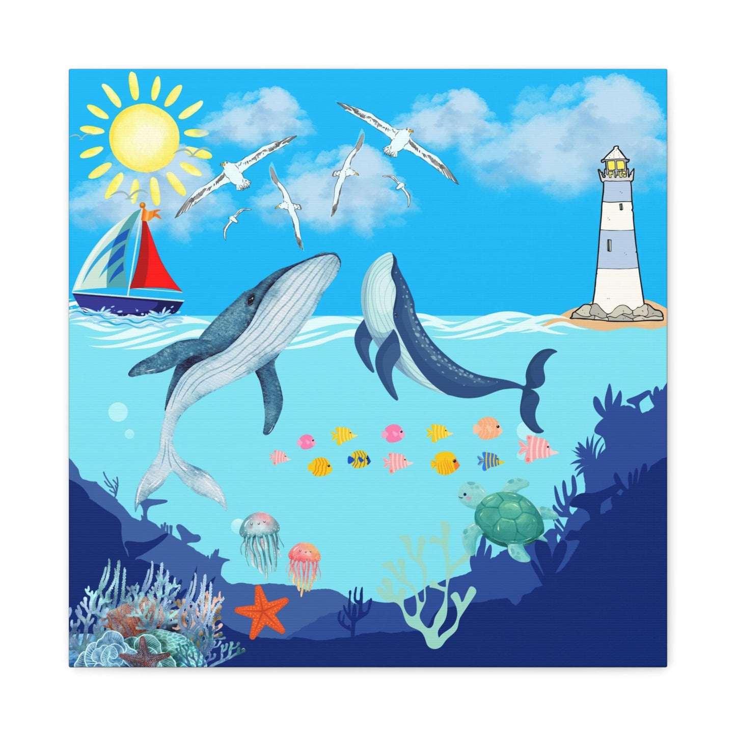 Whale Art Canvas, Ocean Life Wall Art, Nautical Home Decor, Coastal Canvas Print