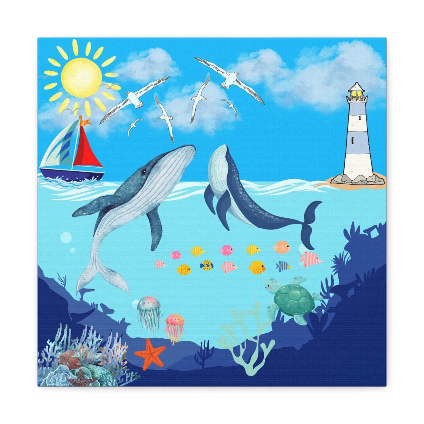 Whale Art Canvas, Ocean Life Wall Art, Nautical Home Decor, Coastal Canvas Print