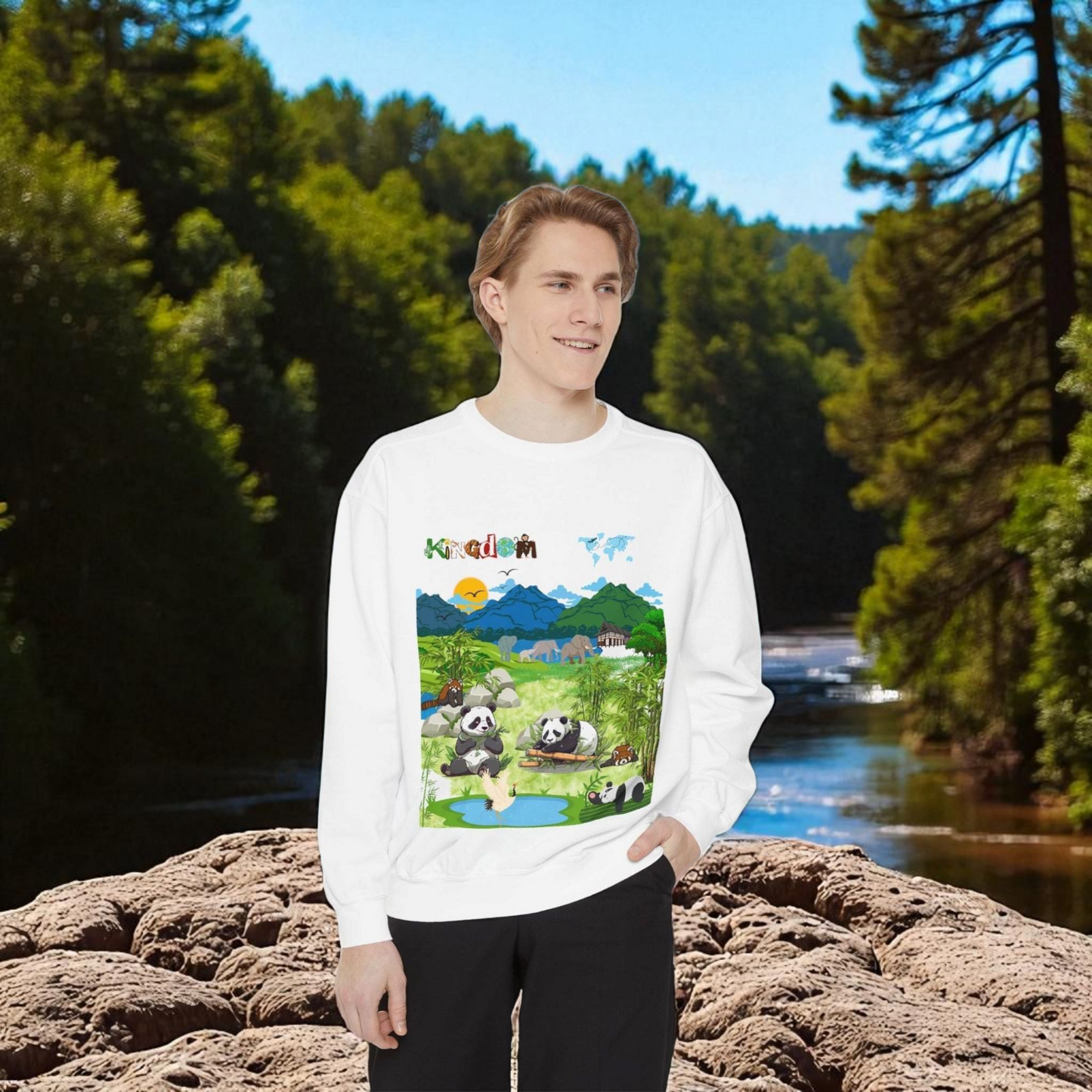 Wildlife Graphic Unisex Sweatshirt, Pandas & Elephants Design, Animal Lover Gift