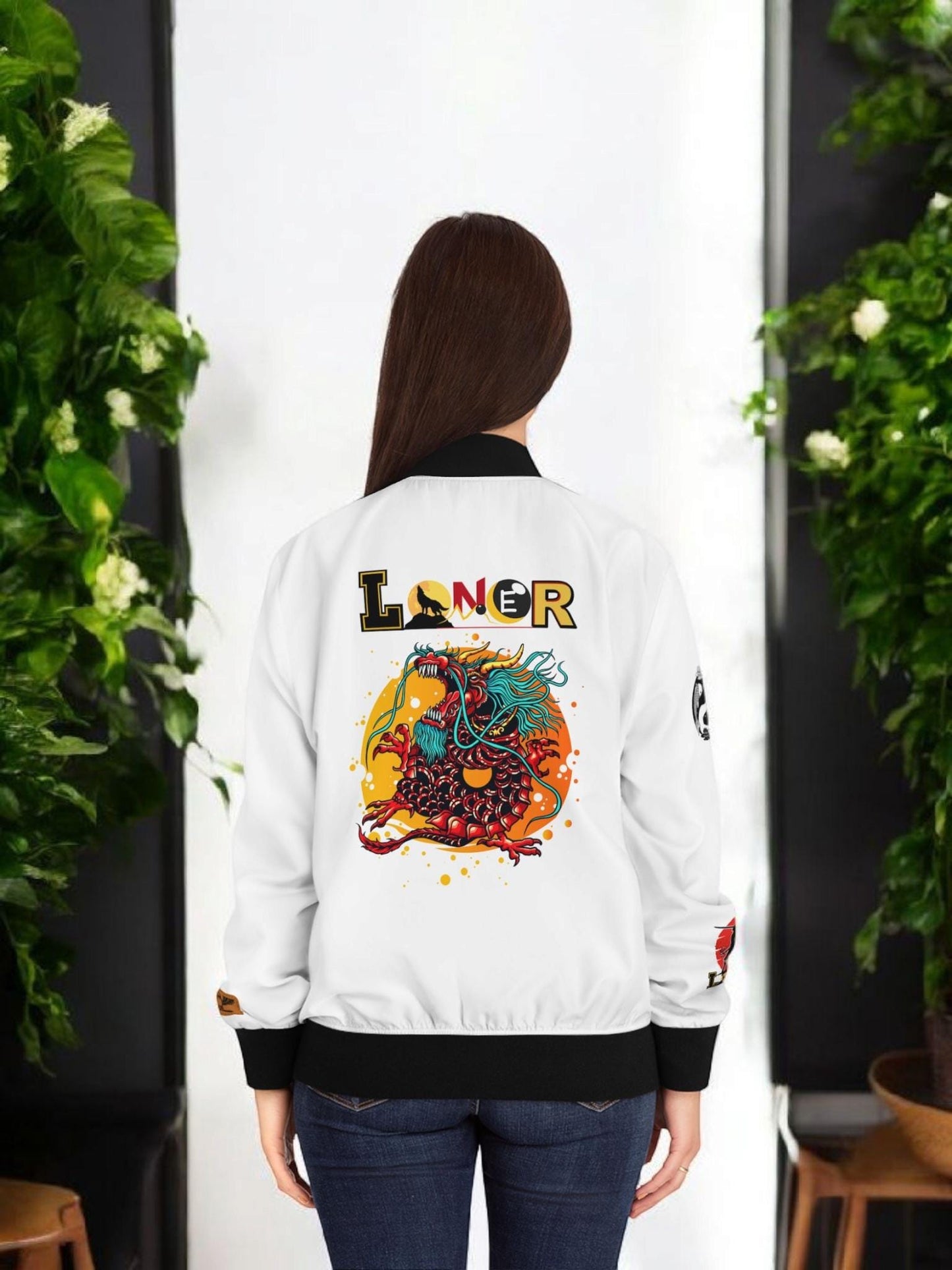 Dragon Graphic Women's Bomber Jacket, Mythical All Over Design, Zip Up Outerwear for Her, Lightweight Coat Gift, Stylish Ladies Fashion,