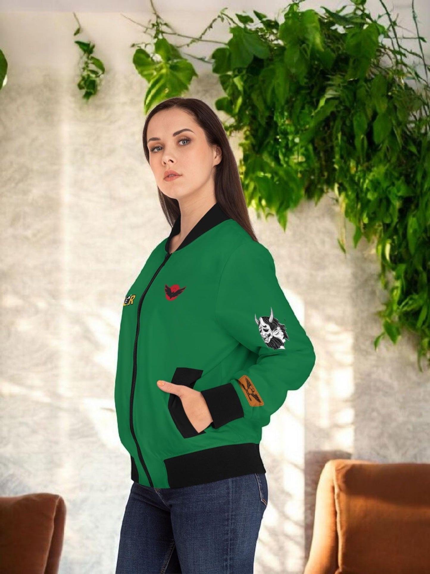 Dragon Graphic Women's Bomber Jacket, Mythical All Over Design, Zip Up Outerwear for Her, Lightweight Coat Gift, Stylish Ladies Fashion,