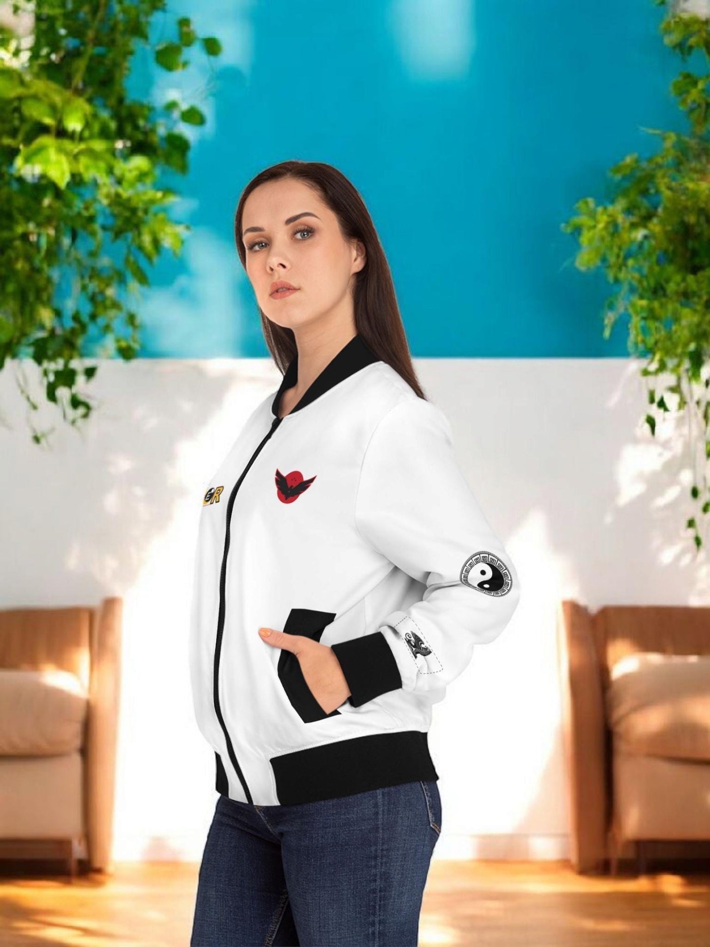 Gothic Bomber Jacket, Graphic Women's Coat, 3D Art Outerwear, Unique Hand Art Jacket, Fashionable Lightweight Jacket