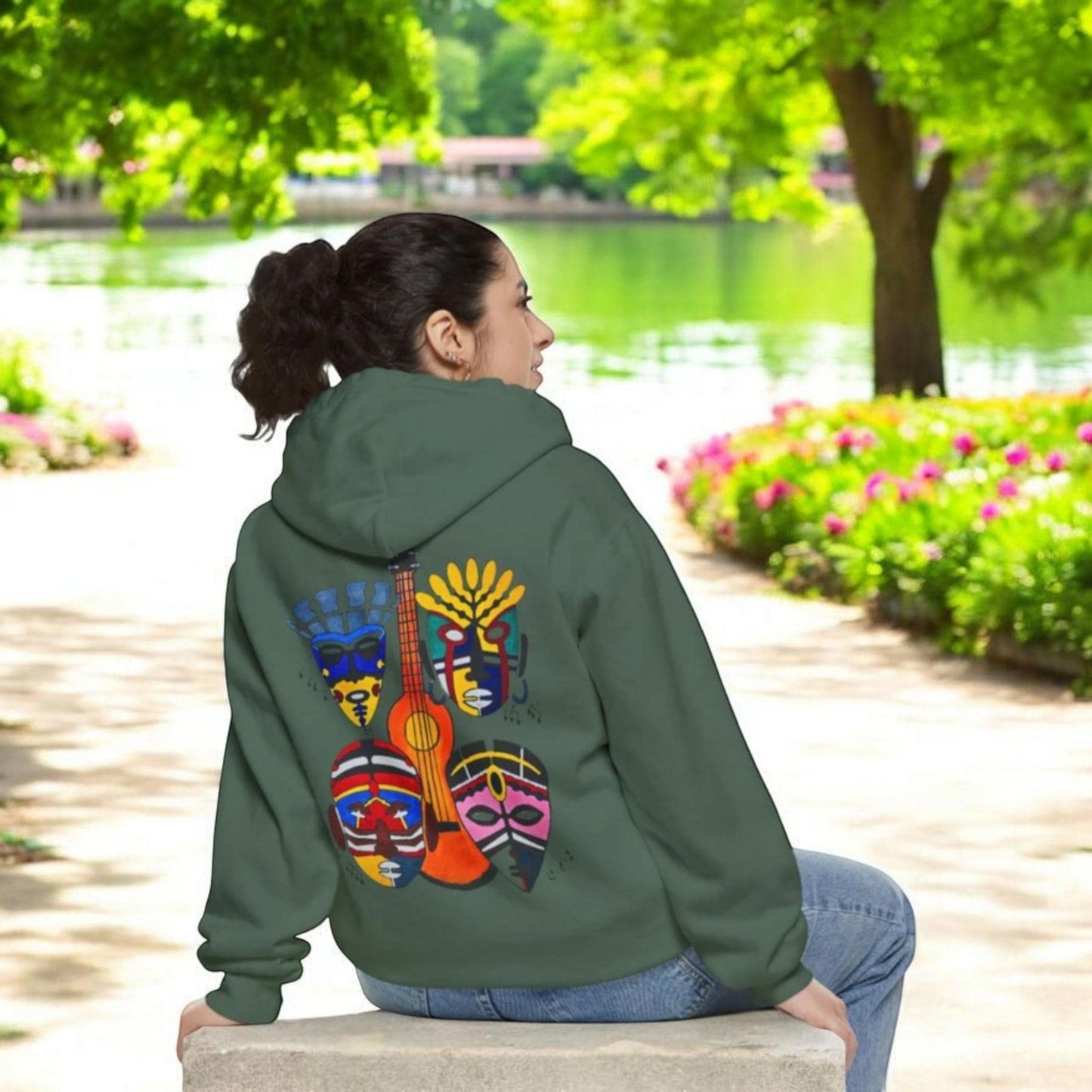 Ethnic Music Art Unisex Garment-Dyed Hoodie, Handcrafted Hooded Sweater