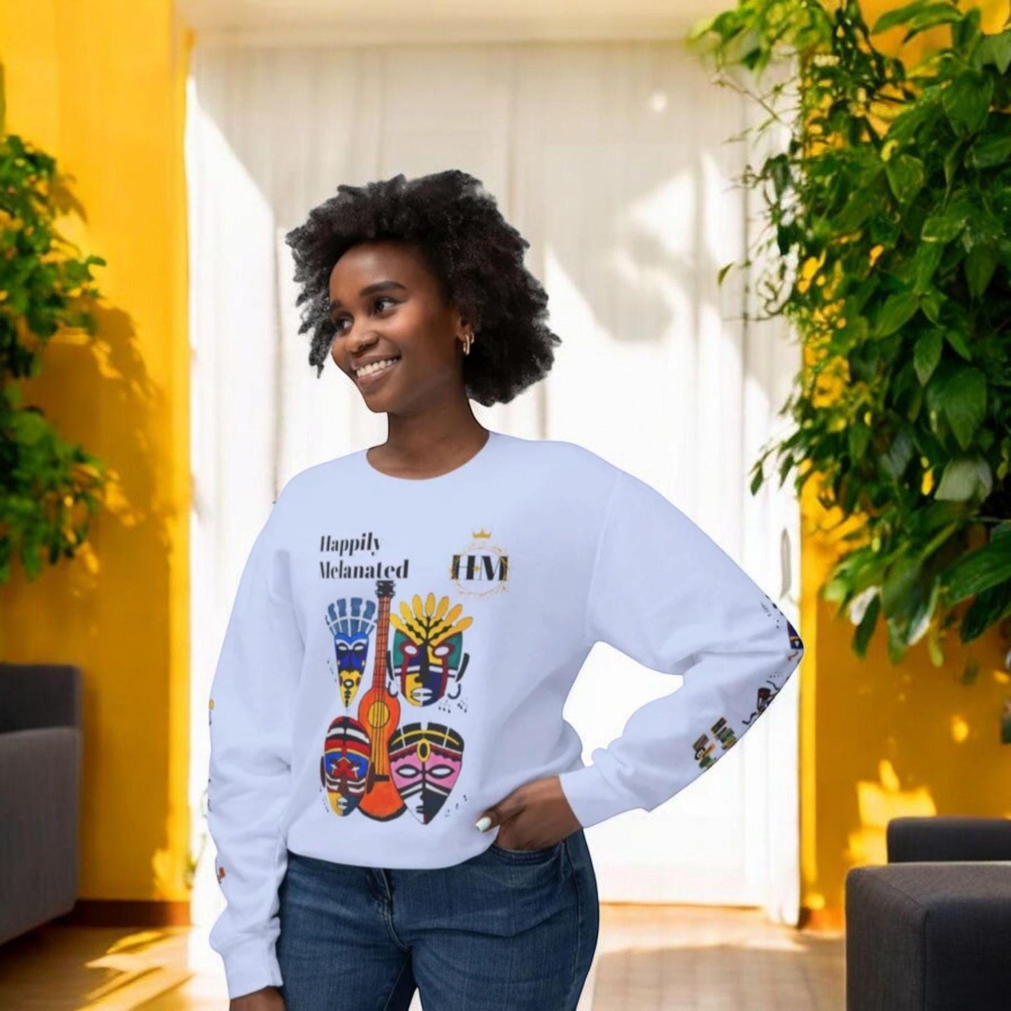 Hand-Drawn Afro Music Graphic Sweatshirt - Unisex Lightweight Crewneck