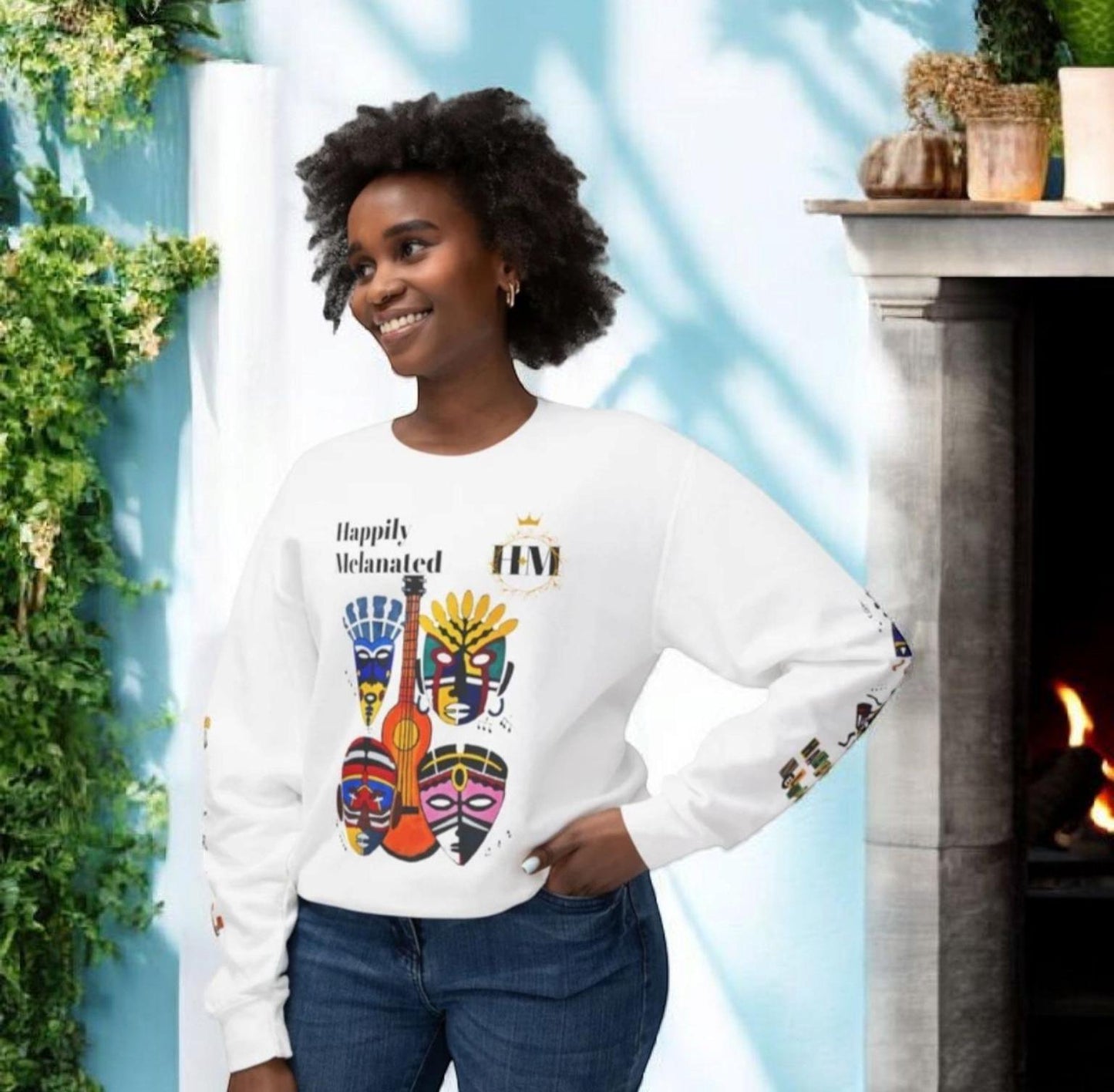 Hand-Drawn Afro Music Graphic Sweatshirt - Unisex Lightweight Crewneck