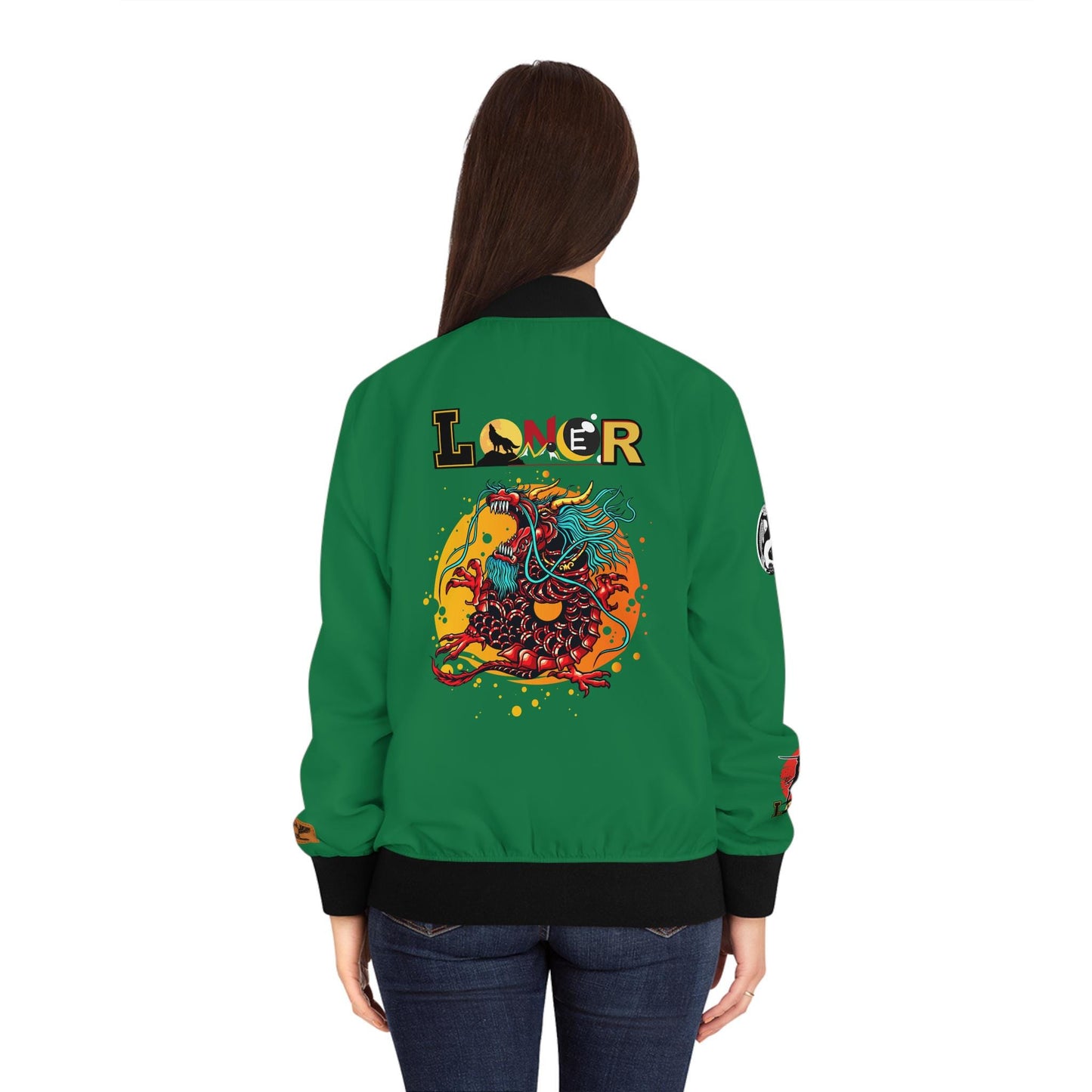 Dragon Graphic Women's Bomber Jacket, Mythical All Over Design, Zip Up Outerwear for Her, Lightweight Coat Gift, Stylish Ladies Fashion,