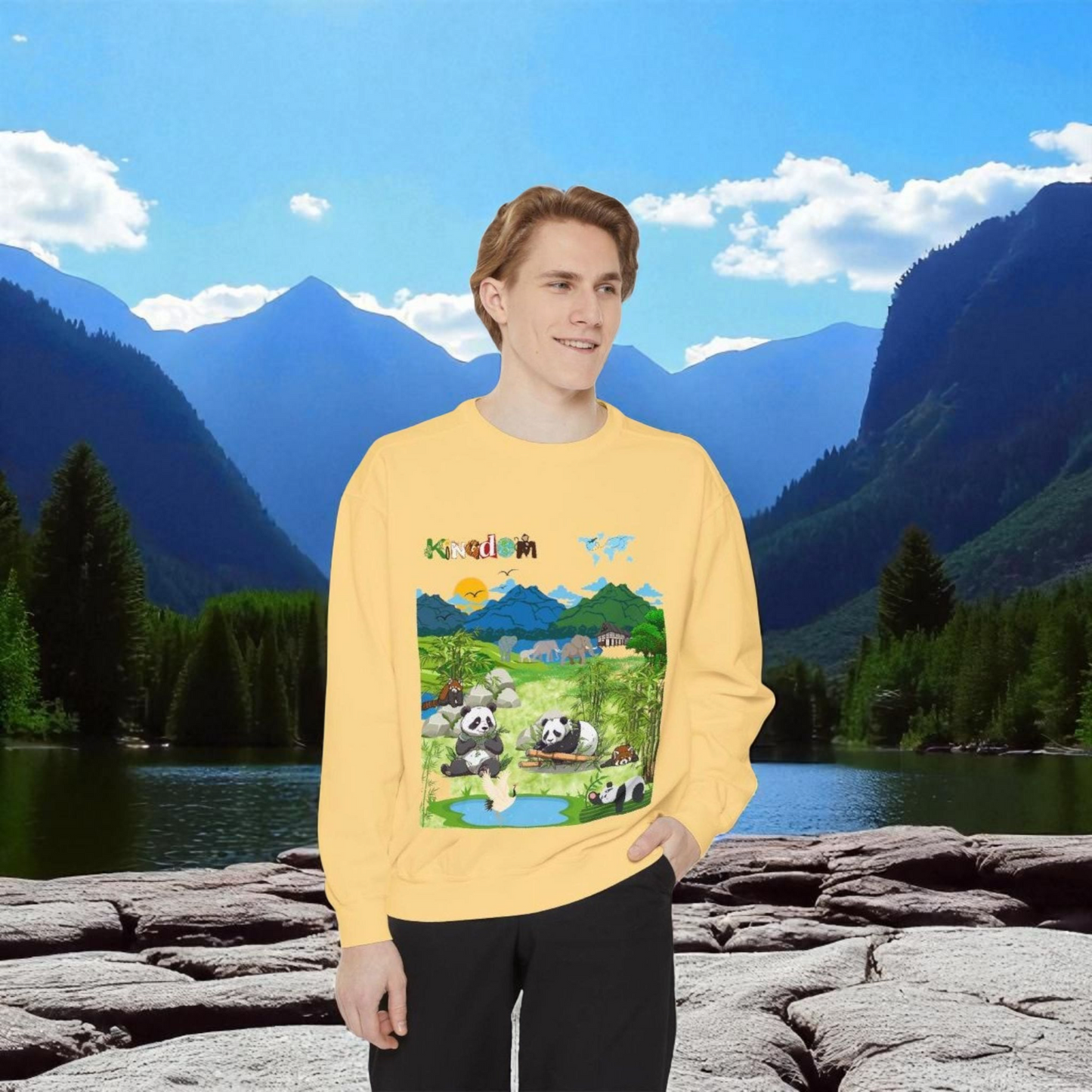 Wildlife Graphic Unisex Sweatshirt, Pandas & Elephants Design, Animal Lover Gift