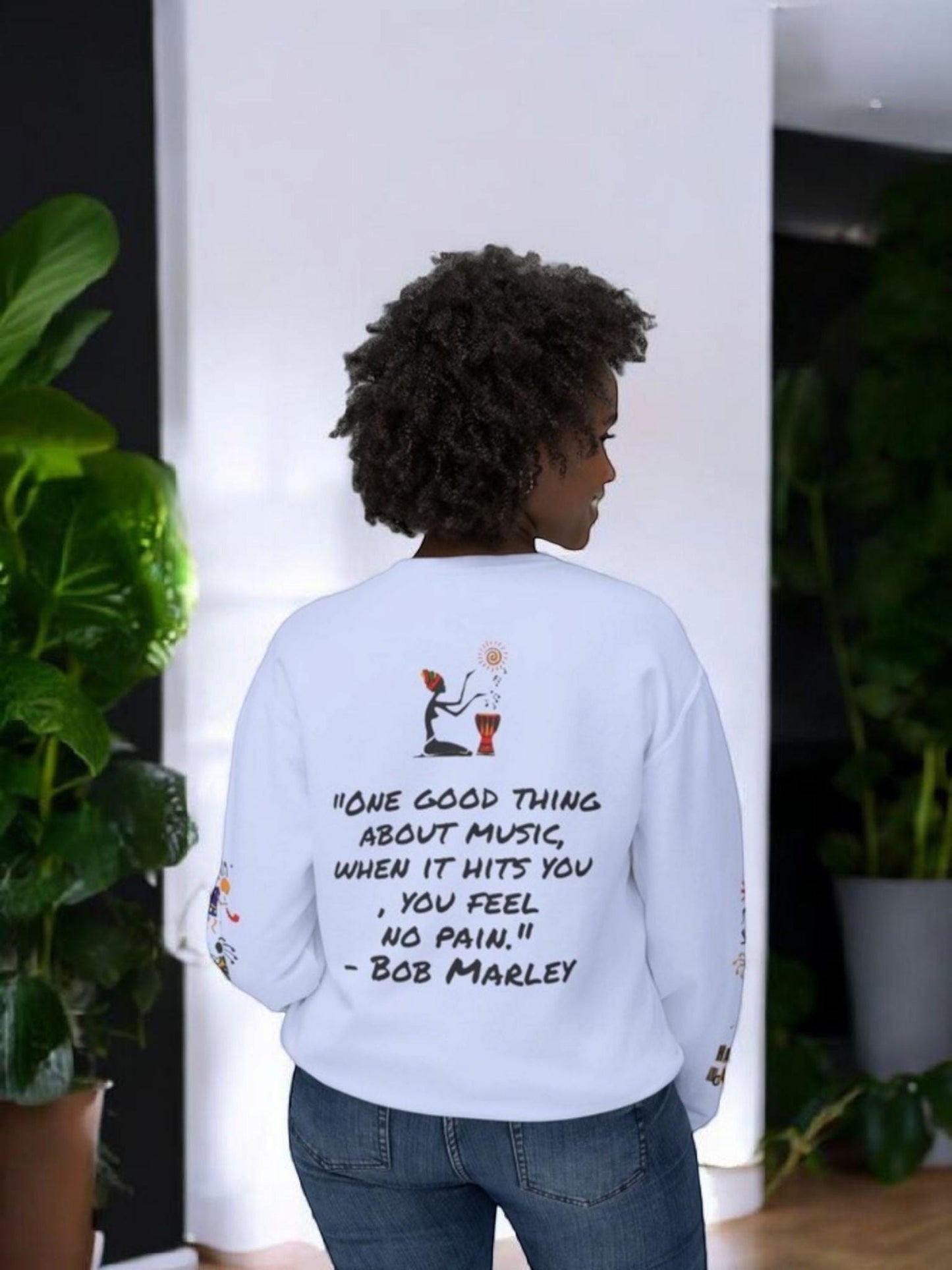 Hand-Drawn Afro Music Graphic Sweatshirt - Unisex Lightweight Crewneck