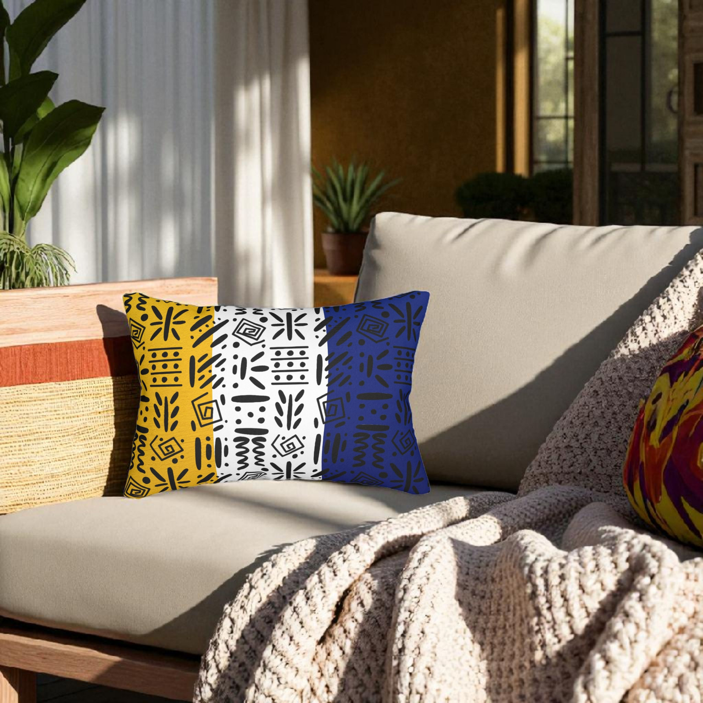 Boho Spun Polyester Lumbar Pillow with Tribal Pattern Water-resistant Hidden Zipper