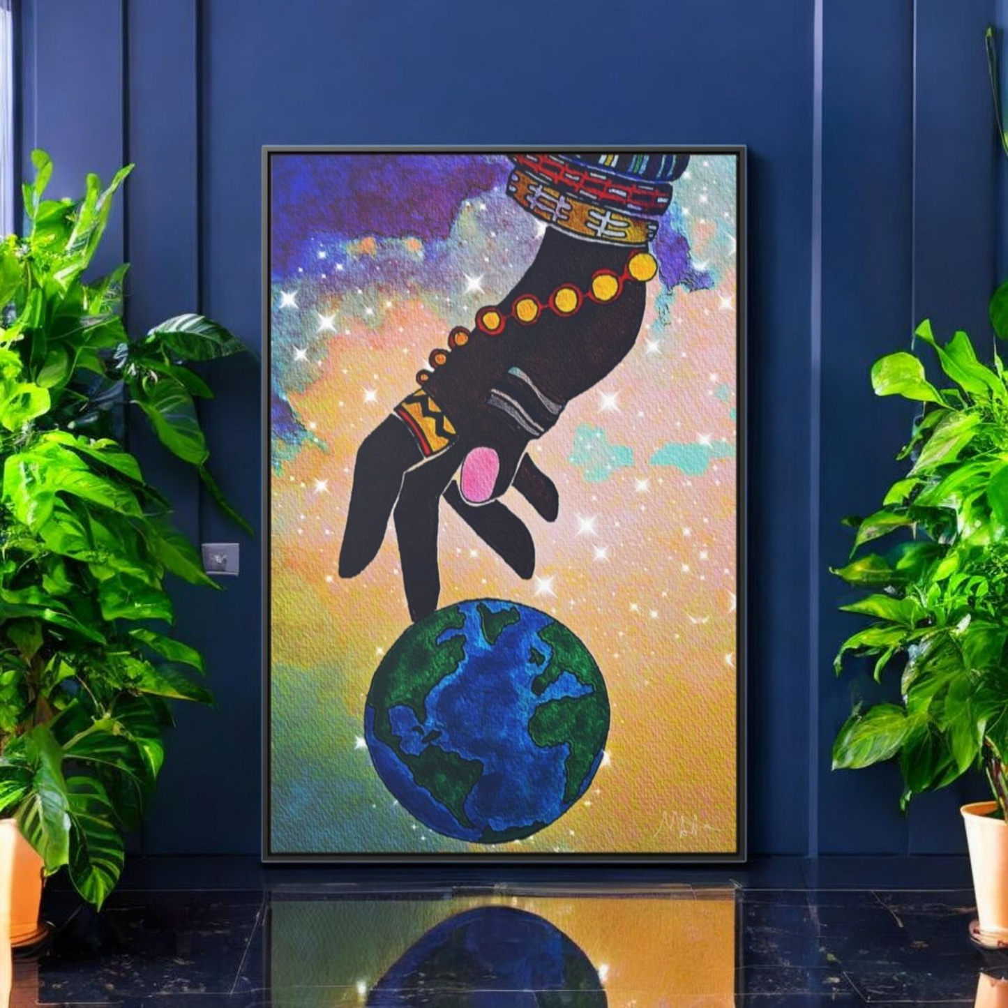 Cosmic Ethnic Wall Art - Handcrafted Astronomical Painting, Unique Space-Themed Decor, Vertica Frame