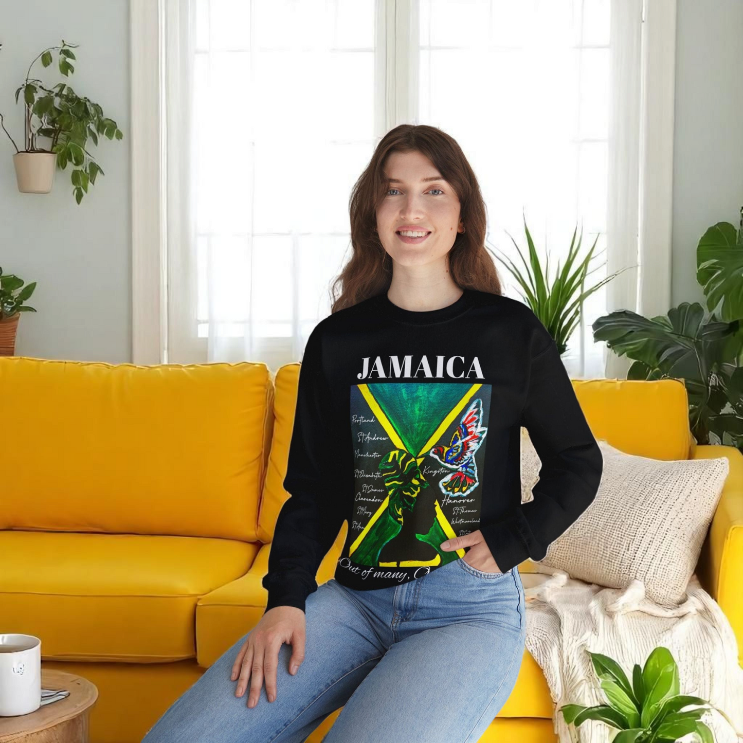 Handcrafted Graphic Sweatshirt featuring Jamaican Flag Art, Cozy Crewneck