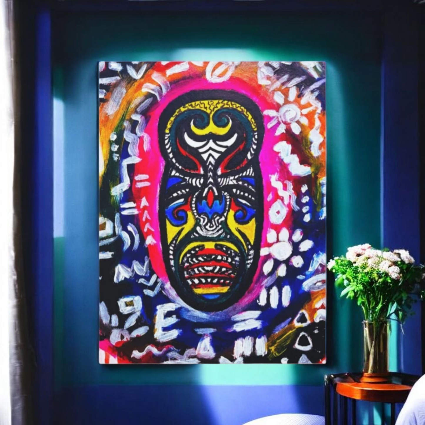 Artisan Tribal Mask Painting on Matte Stretched Canvas, Eco-Friendly Wall Art for Home Decor
