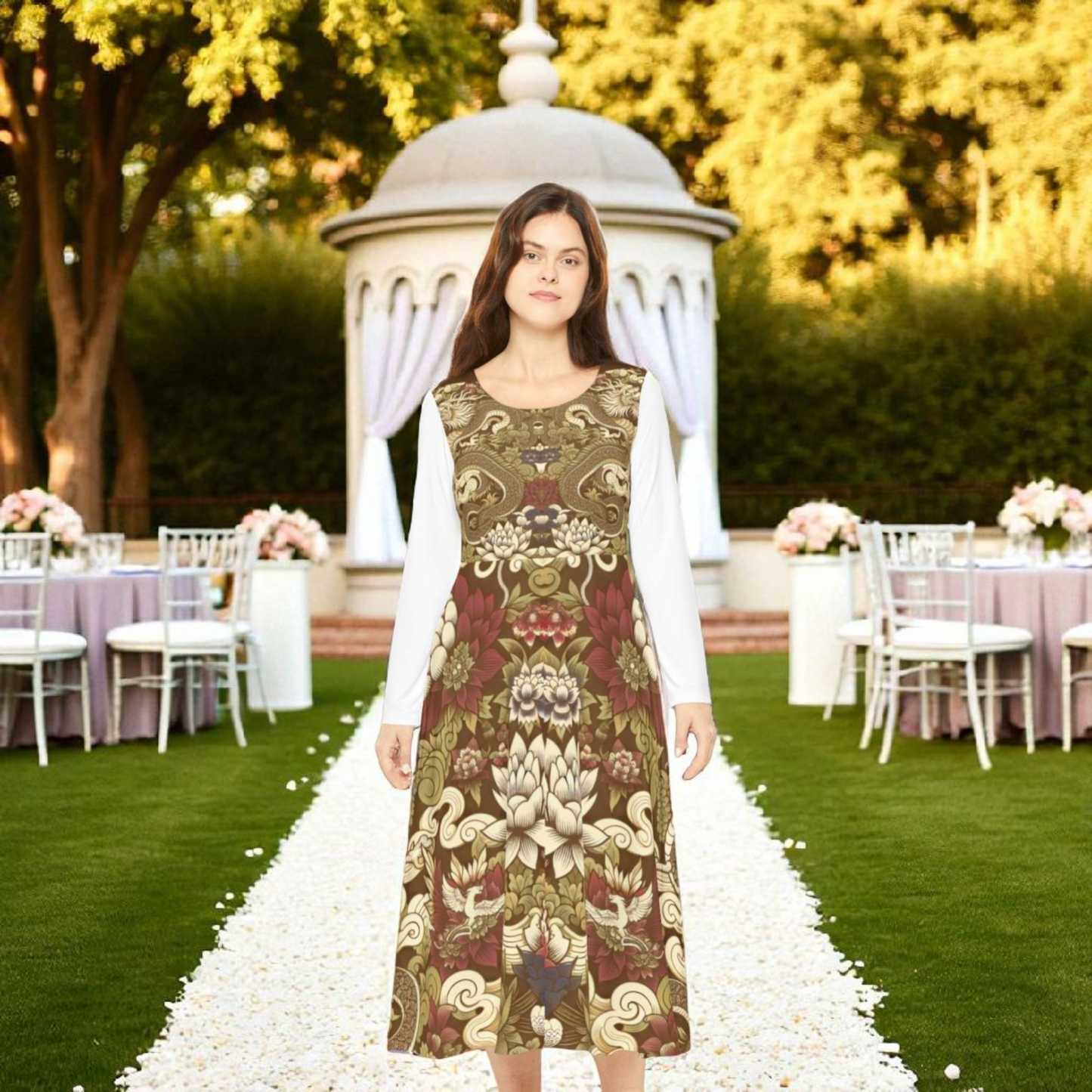 Elegant Floral Print Long Sleeve Dance Dress, Perfect for Parties, Dance Recitals