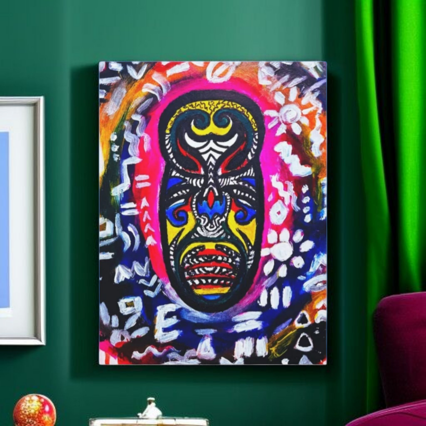 Artisan Tribal Mask Painting on Matte Stretched Canvas, Eco-Friendly Wall Art for Home Decor