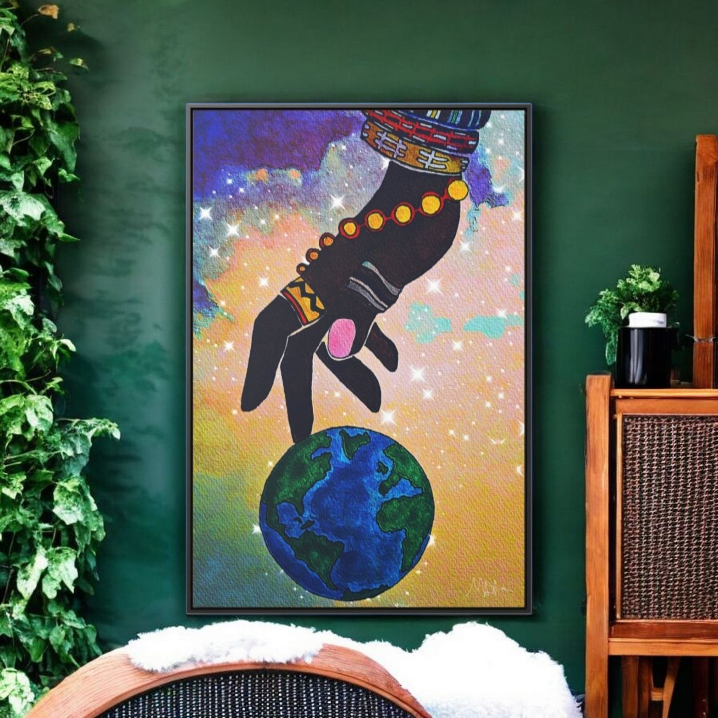 Cosmic Ethnic Wall Art - Handcrafted Astronomical Painting, Unique Space-Themed Decor, Vertica Frame