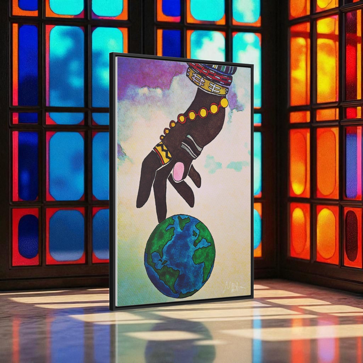 Astronomical Ethnic Wall Art - Stargazer's Dream, Cultural Celestial Scene, Vertical Frame