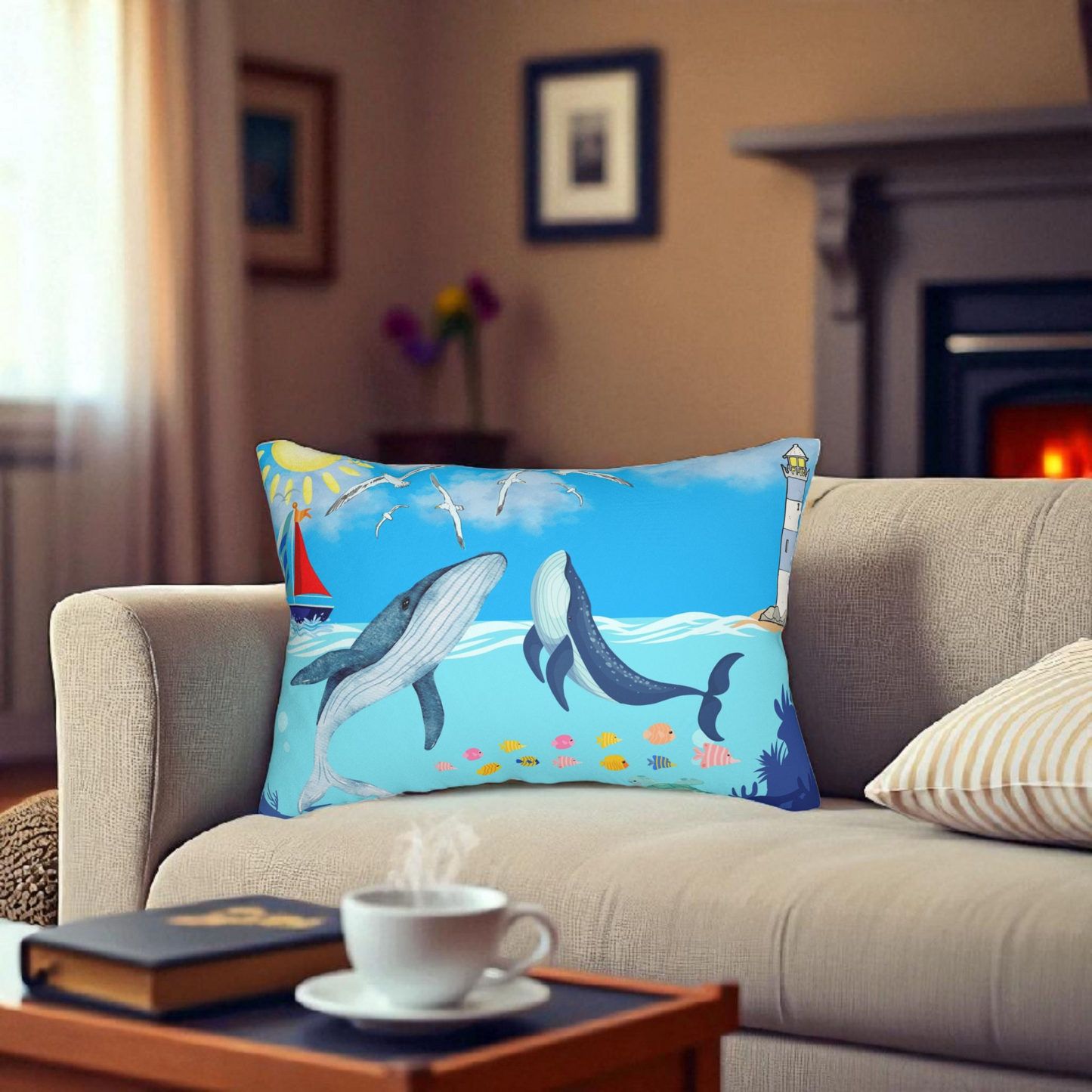Whale Watching Lumbar Pillow - Coastal Decor for Beach Lovers