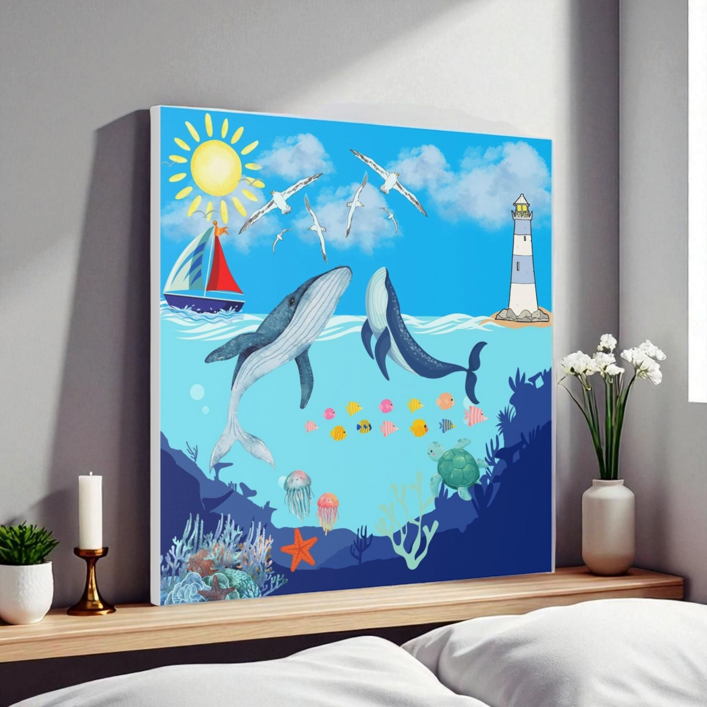 Whale Art Canvas, Ocean Life Wall Art, Nautical Home Decor, Coastal Canvas Print