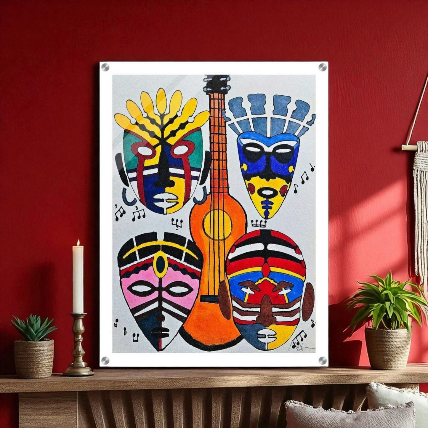 Original Singing Tribal Mask Acrylic Print, Handcrafted Artisanal Decor