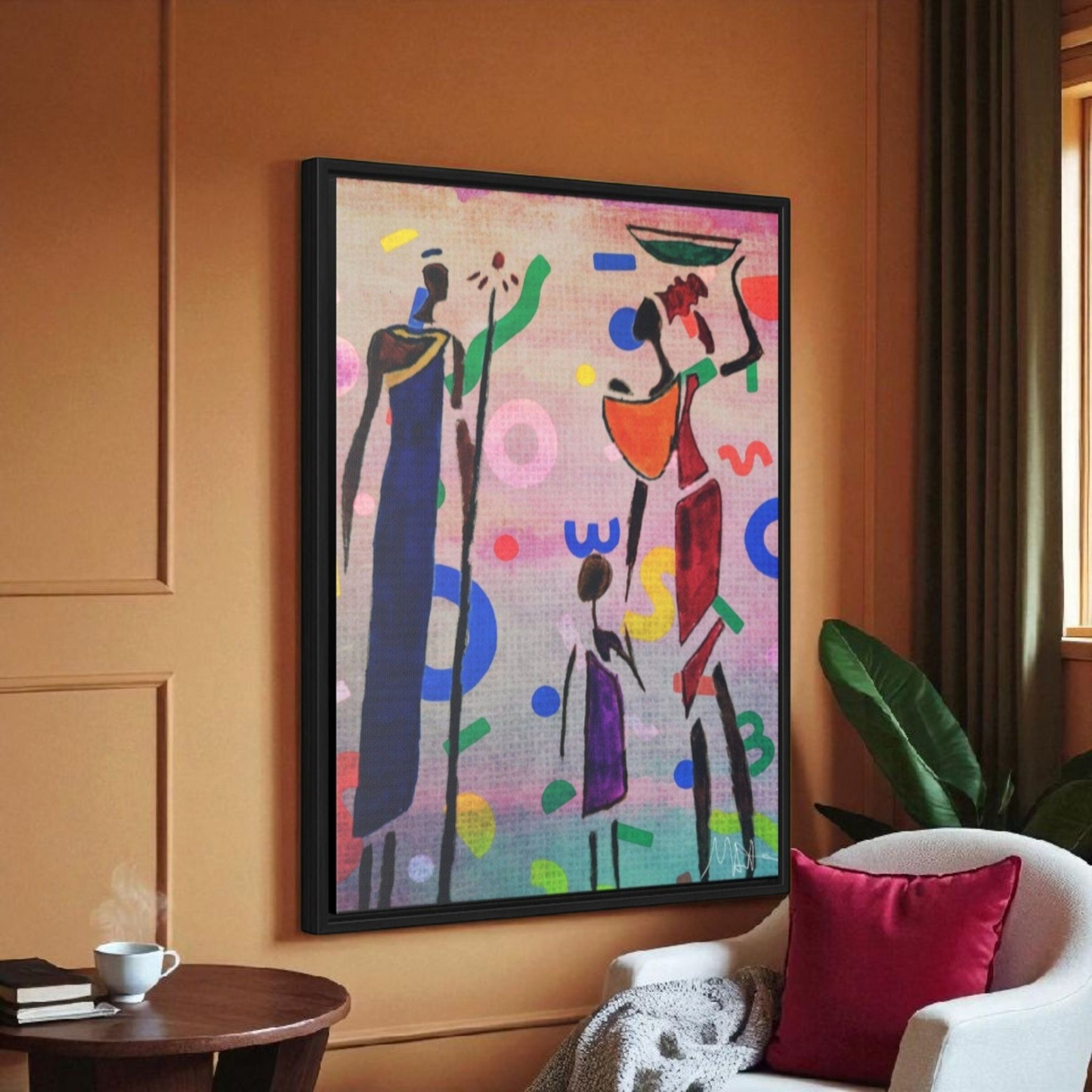 Tribal African Family Sketch - Handcrafted Wall Art, Authentic Home Decoration, Vertical Frame