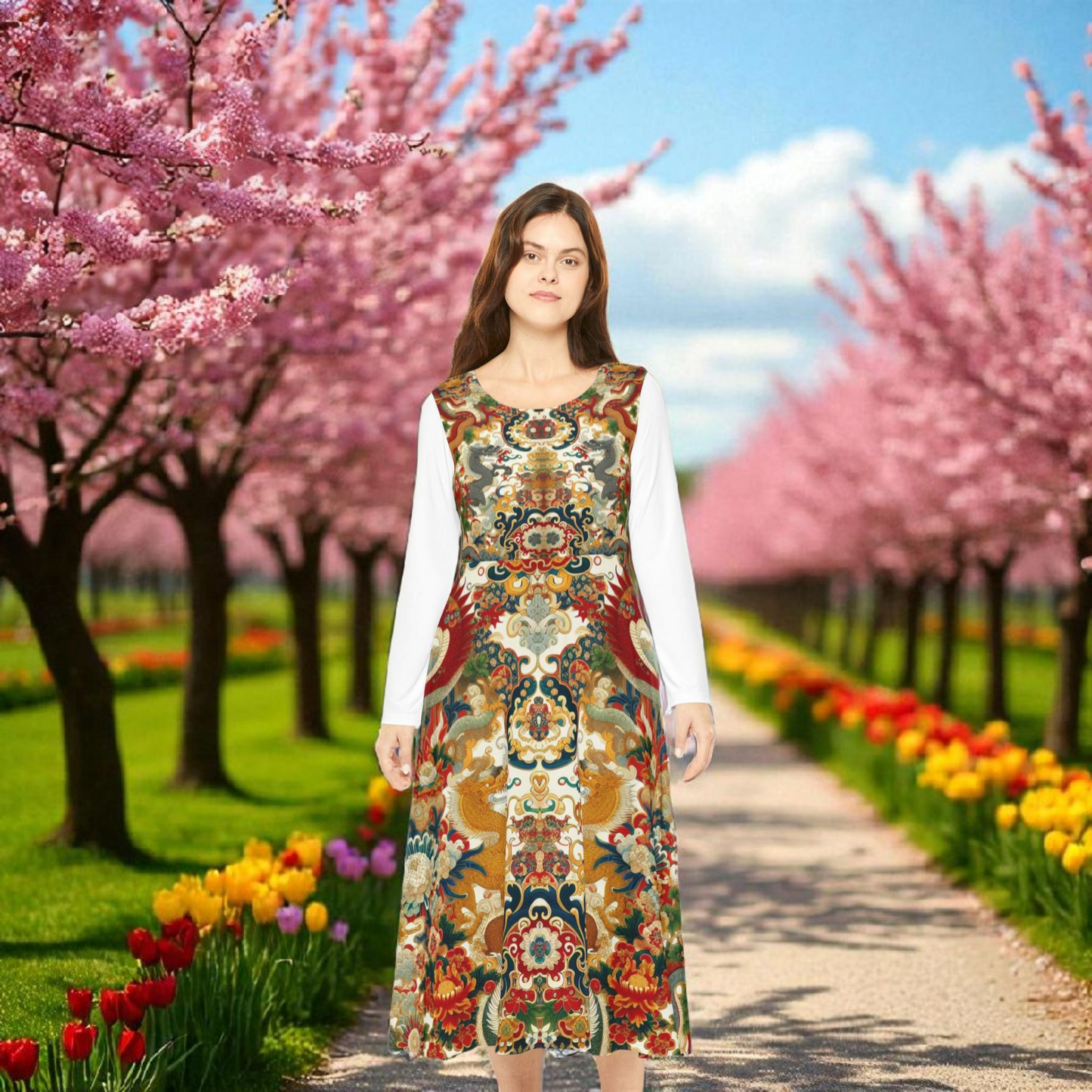 Elegant Floral Print Long Sleeve Dance Dress, Perfect for Parties, Dance Recitals