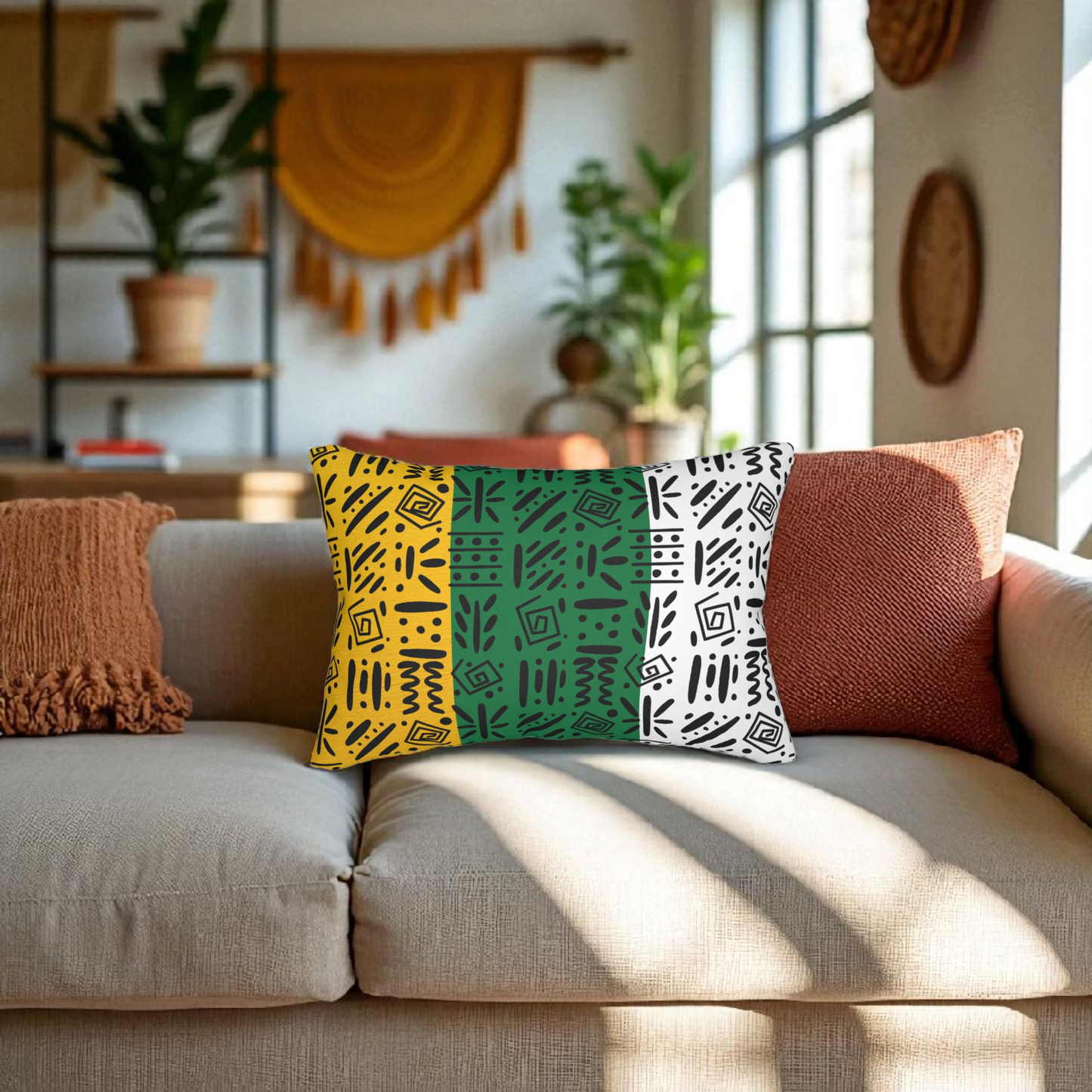 Boho Spun Polyester Lumbar Pillow with Tribal Pattern Water-resistant Hidden Zipper