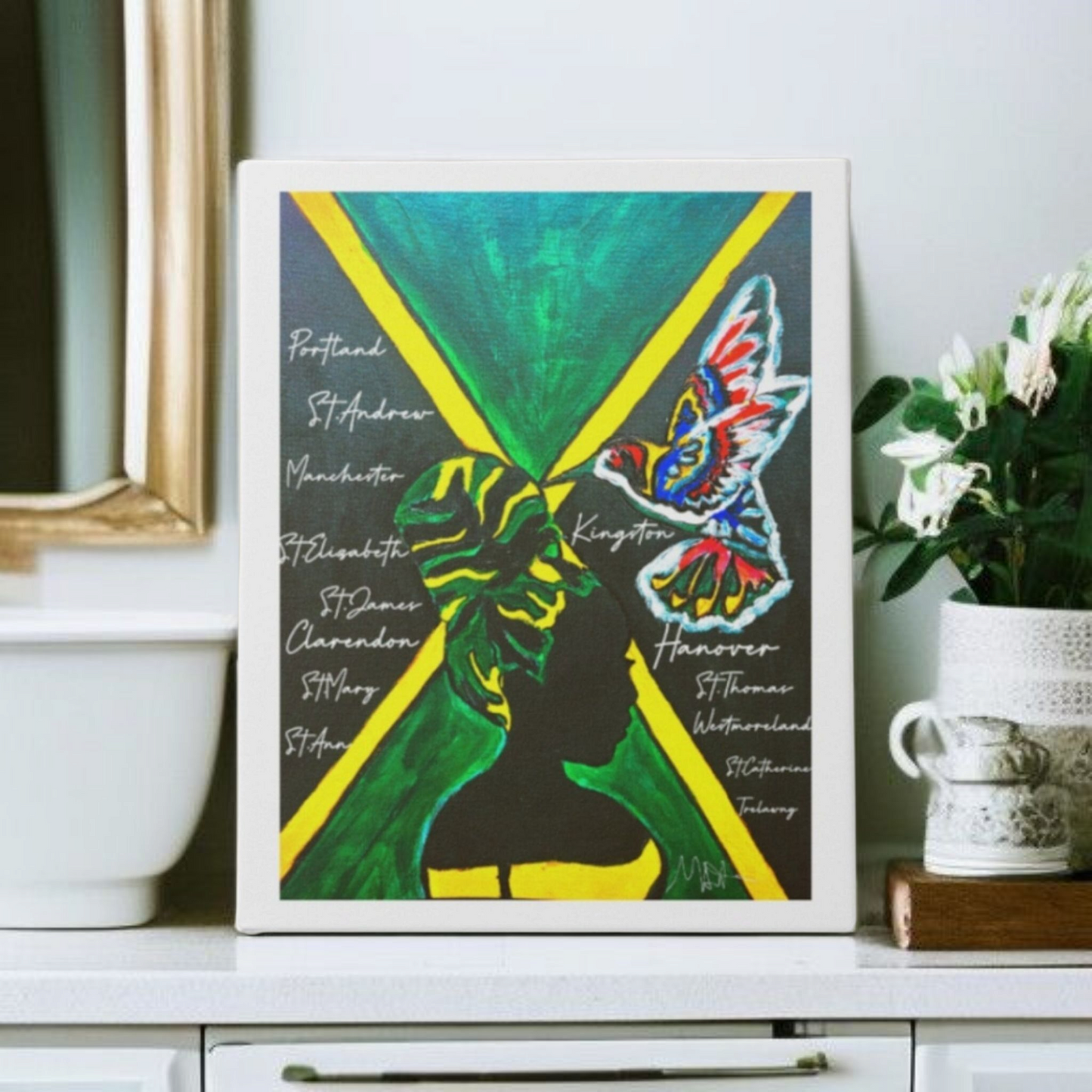 Vivid Hand Drawn Jamaican Woman Portrait, Patriotic Home Decor in Flag Colors