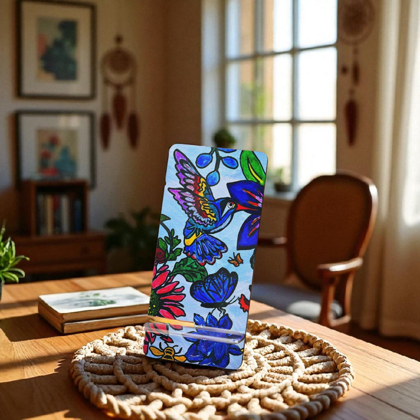 Mobile Display Stand with Handcrafted Spring Floral Artwork, Artisan Phone Holder