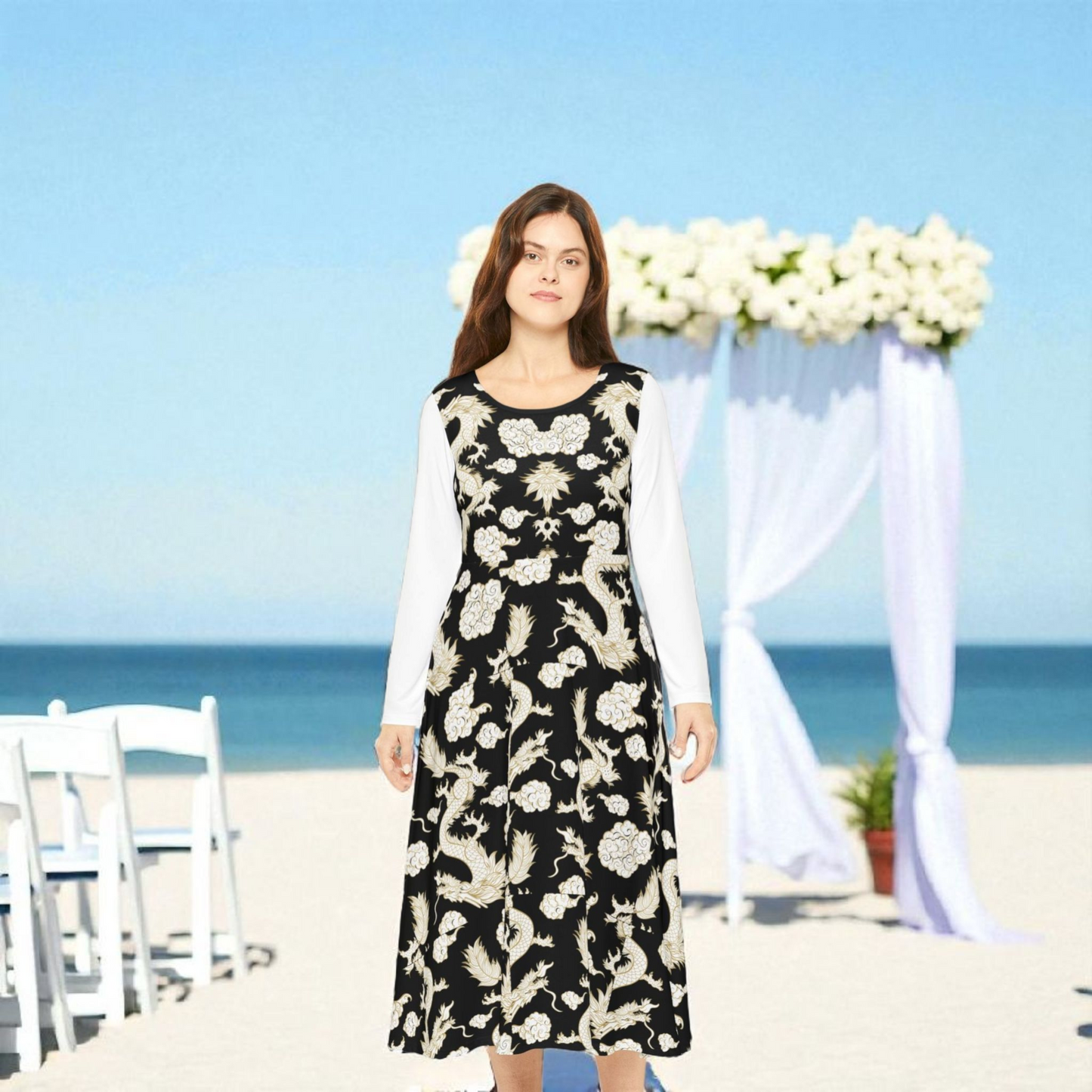 Elegant Dragon Print Long Sleeve Dance Dress | Boho Style, Dance Wear, Vintage Inspired