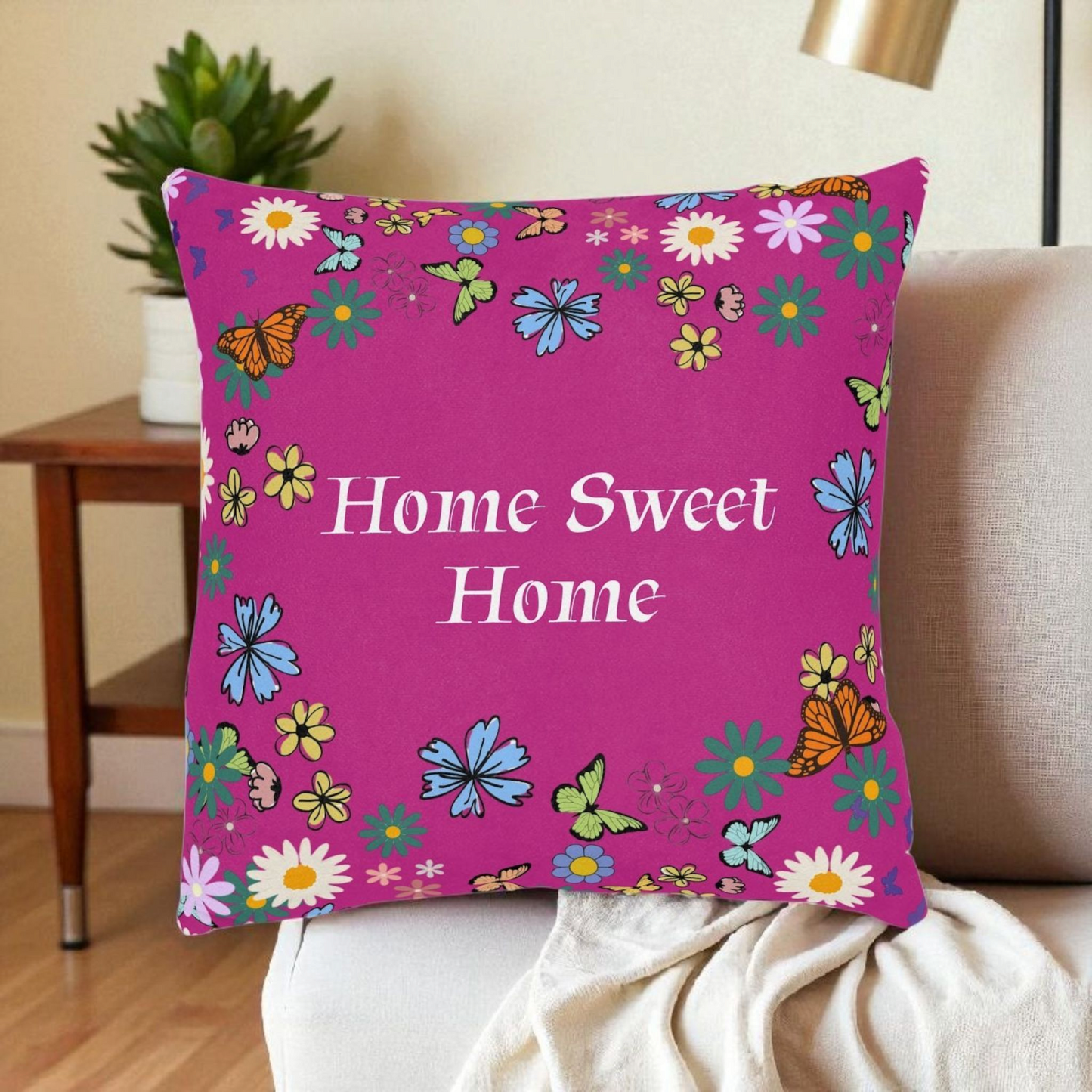 Floral Home Sweet Home Square Pillow - Cozy Decor for Living Room & Bedroom