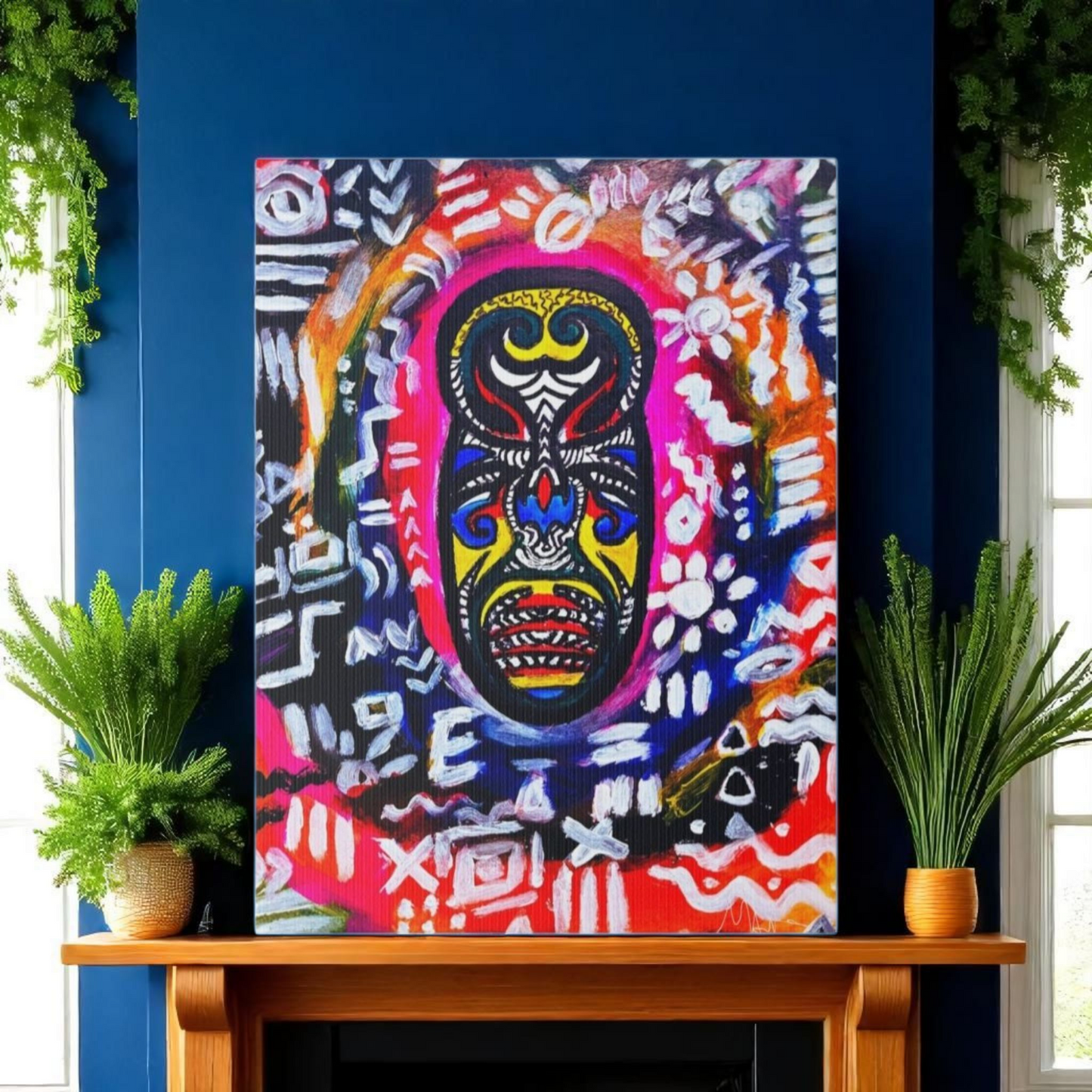 Unique Tribal Mask Painting, Matte Canvas Stretched - Authentic Ethnic Decor