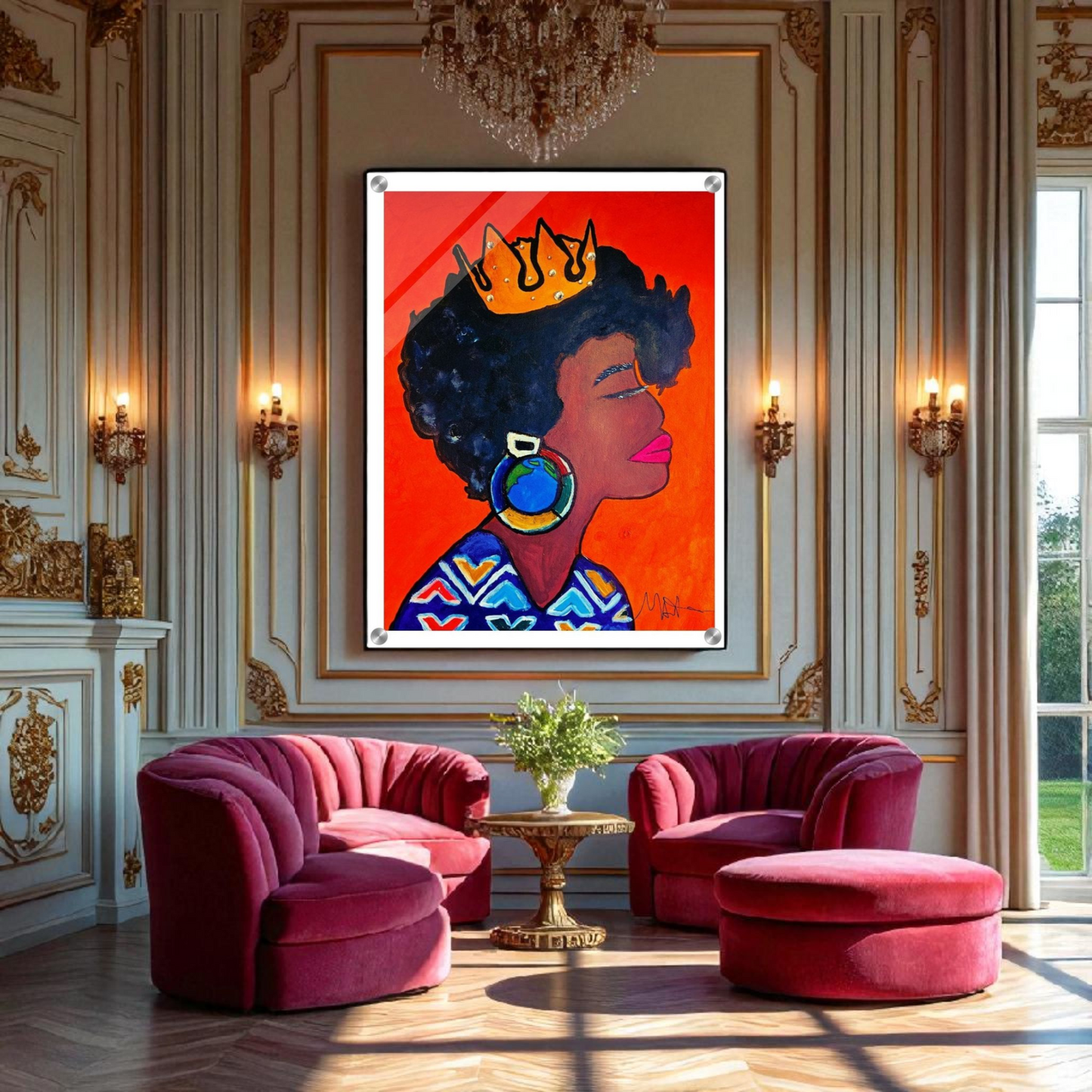 Original Artisan Black Woman Portrait, Elegant Afrocentric Painting, Office Decor