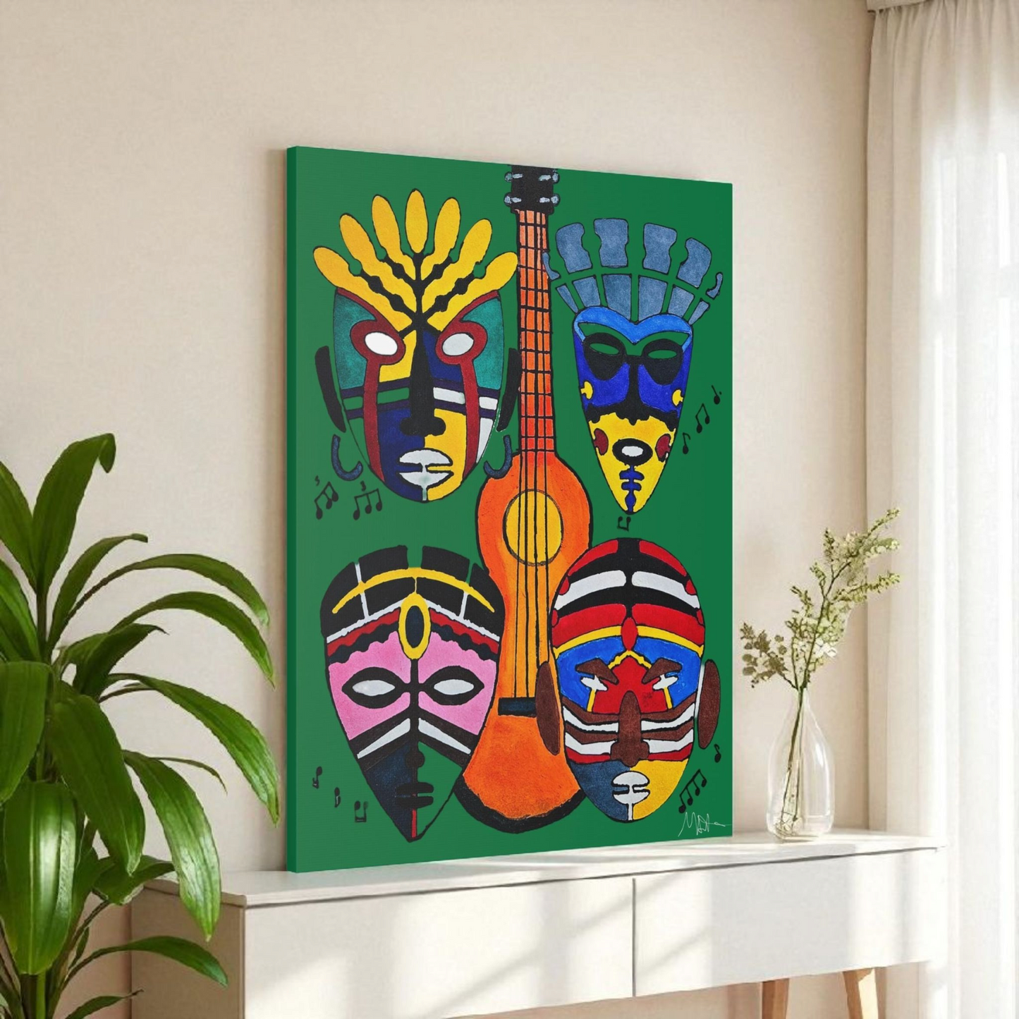 Tribal Mask Canvas, Singing Mask Painting, Wall Art Decor, Home Office Decoration