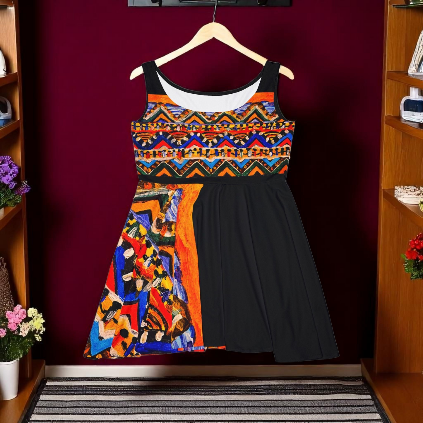 Boho Chic Handcrafted Women's Skater Dress – Tribal-Inspired Textile