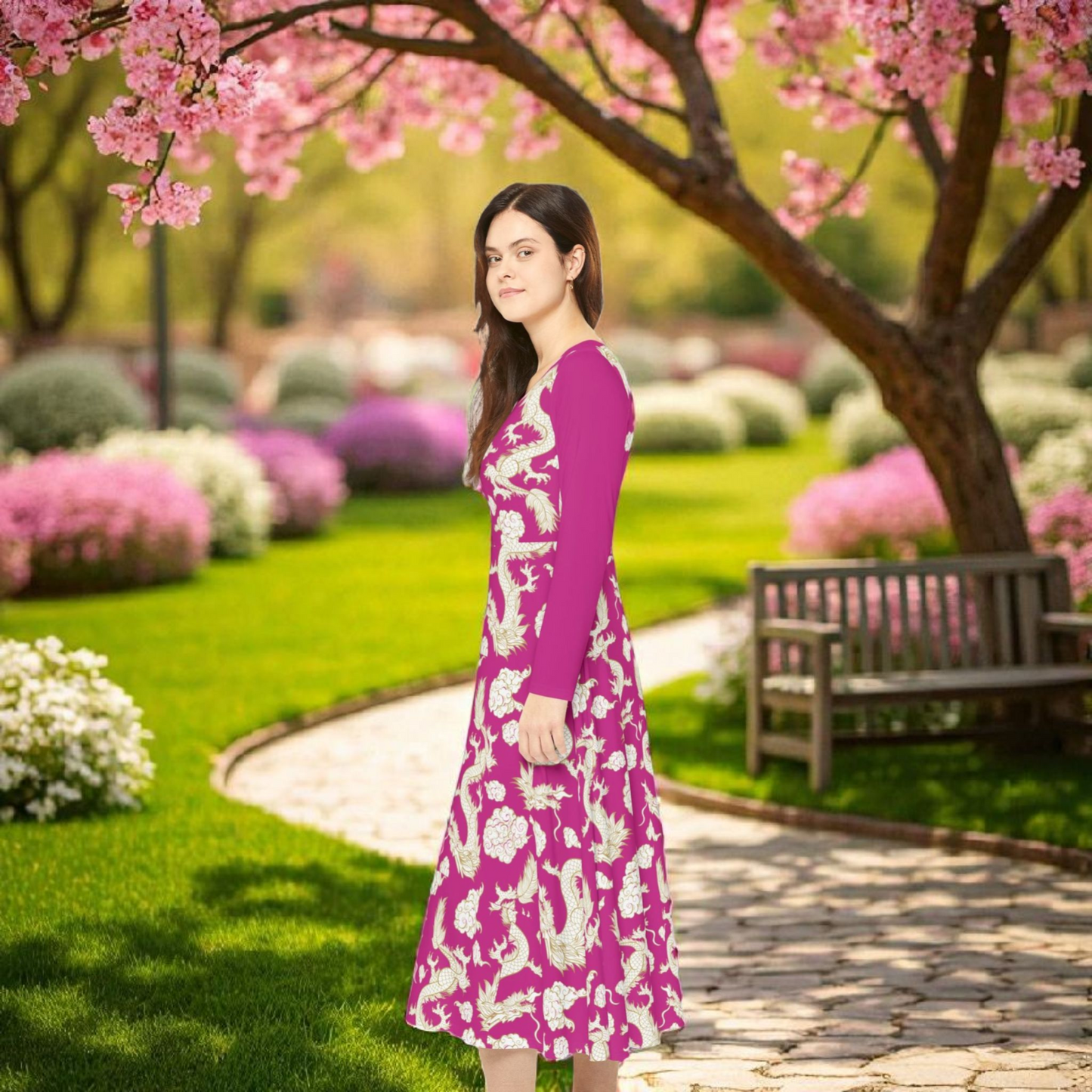 Pink Floral & Gragon Print Long Sleeve Dance Dress | Boho Style, Vintage Inspired