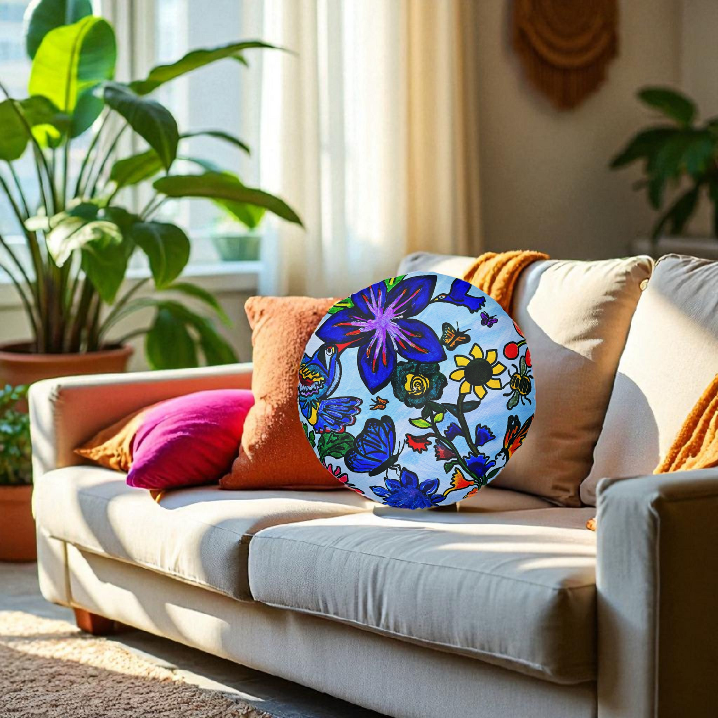Tufted Floor Pillow - Artisanal Spring Floral Design, Round & Plush for Home Decor
