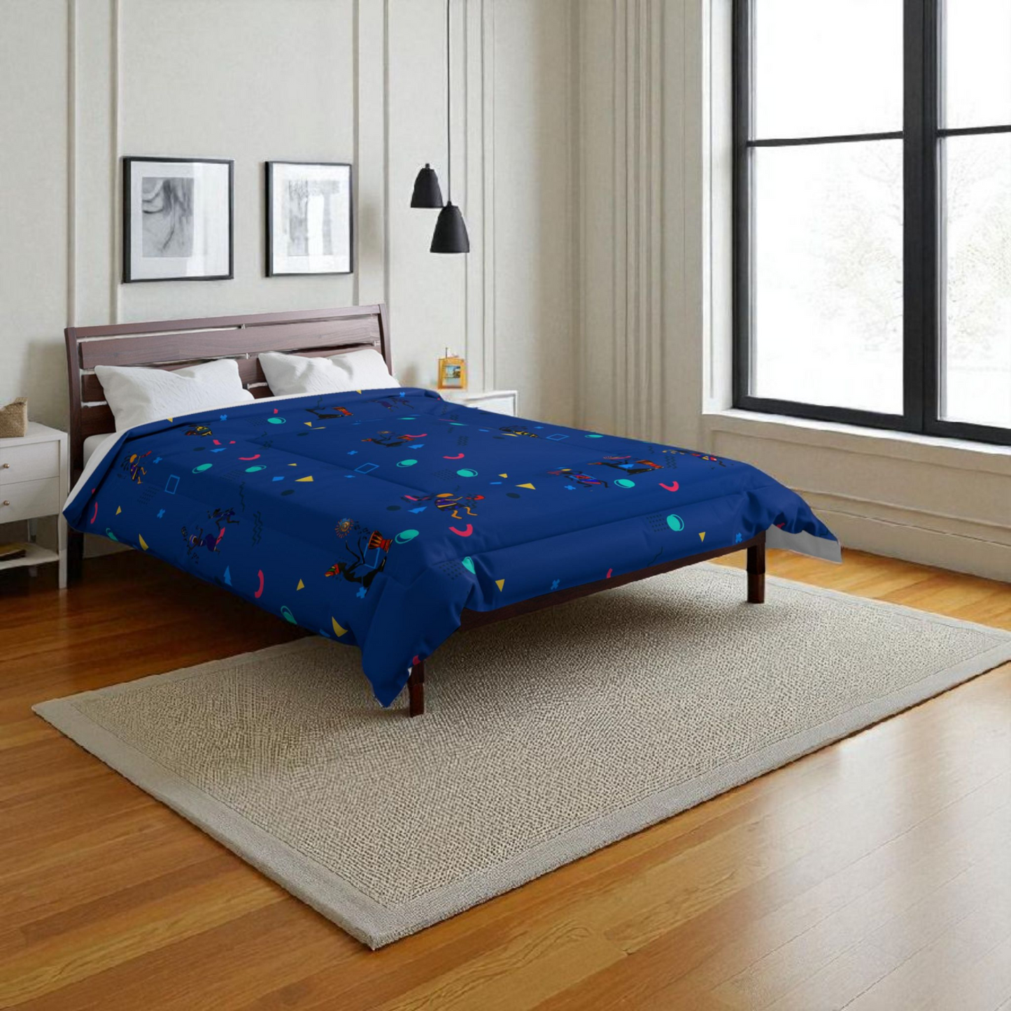 Afro Music Cartoon Comforter, Handcrafted Bedspread for Music Lovers, Unique African Art Comforter