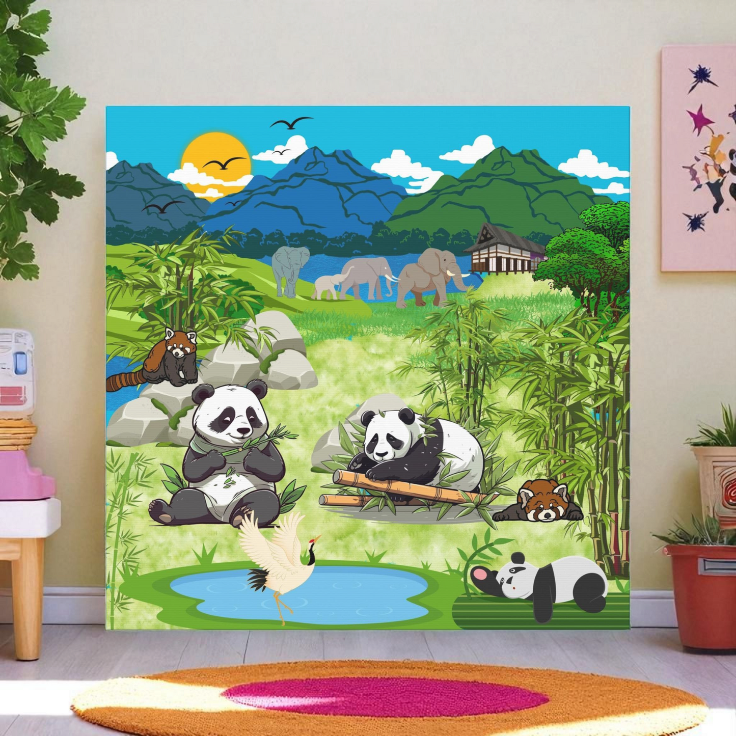 Animal Canvas, Panda and Elephant Wall Art, Nature Gallery Wrap, Asian Wildlife Print