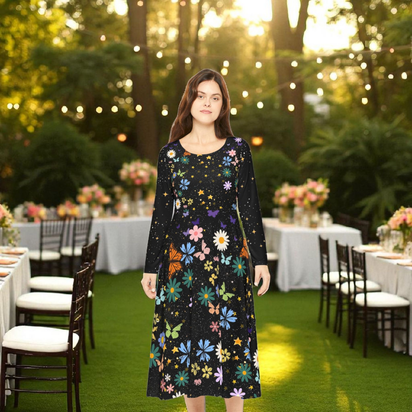 Celestial Floral Long Sleeve Dance Dress - Perfect for Parties, Events, Spring Celebrations