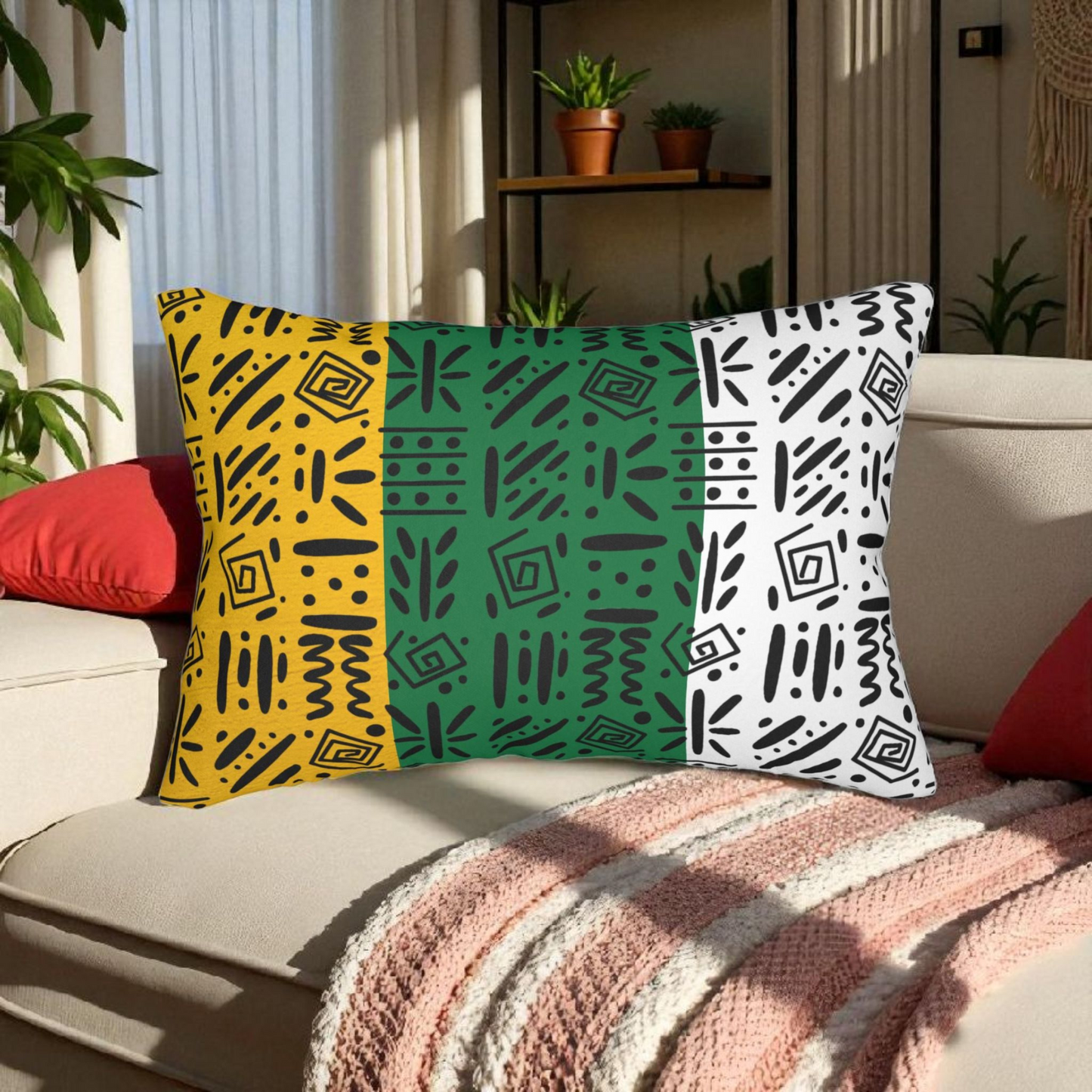 Boho Spun Polyester Lumbar Pillow with Tribal Pattern Water-resistant Hidden Zipper