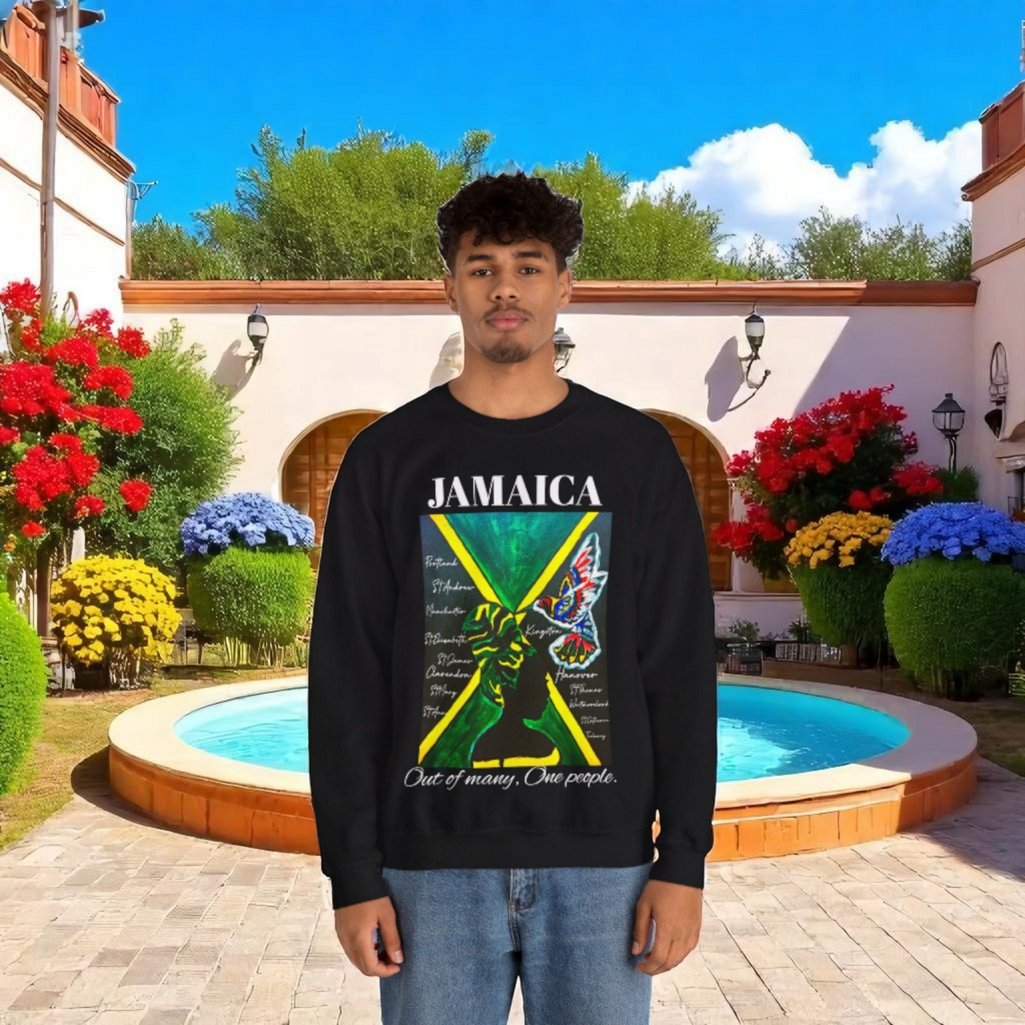 Handcrafted Graphic Sweatshirt featuring Jamaican Flag Art, Cozy Crewneck