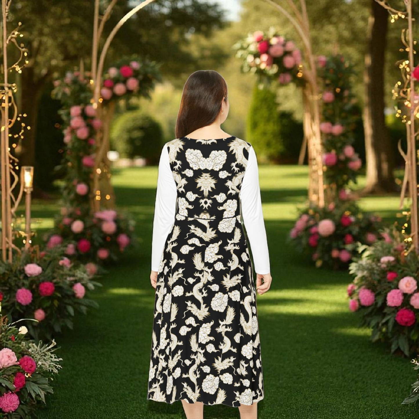 Elegant Dragon Print Long Sleeve Dance Dress | Boho Style, Dance Wear, Vintage Inspired